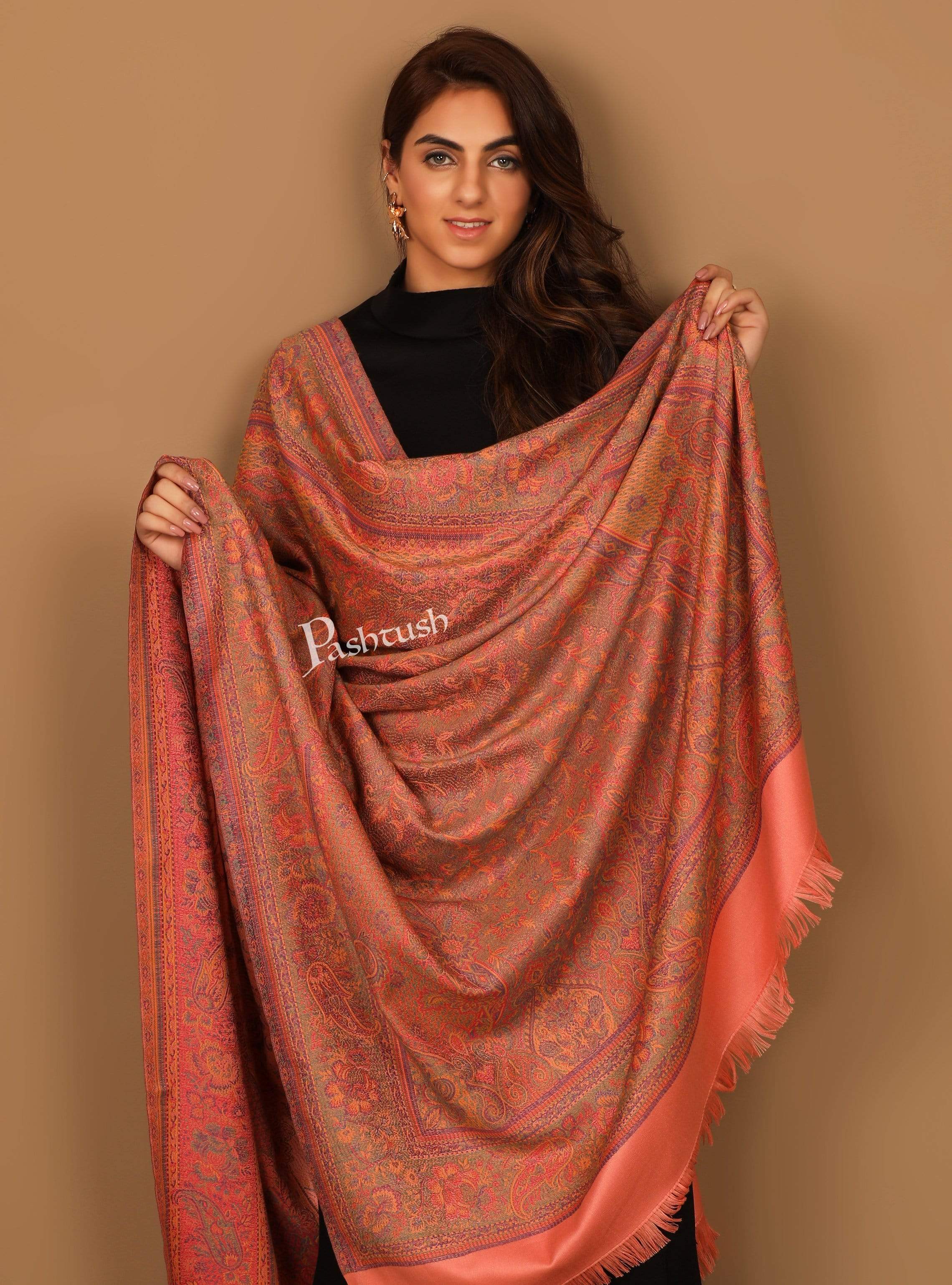 Pashtush Women'S Reversible Shawl, Faux Pashmina Design, Peach