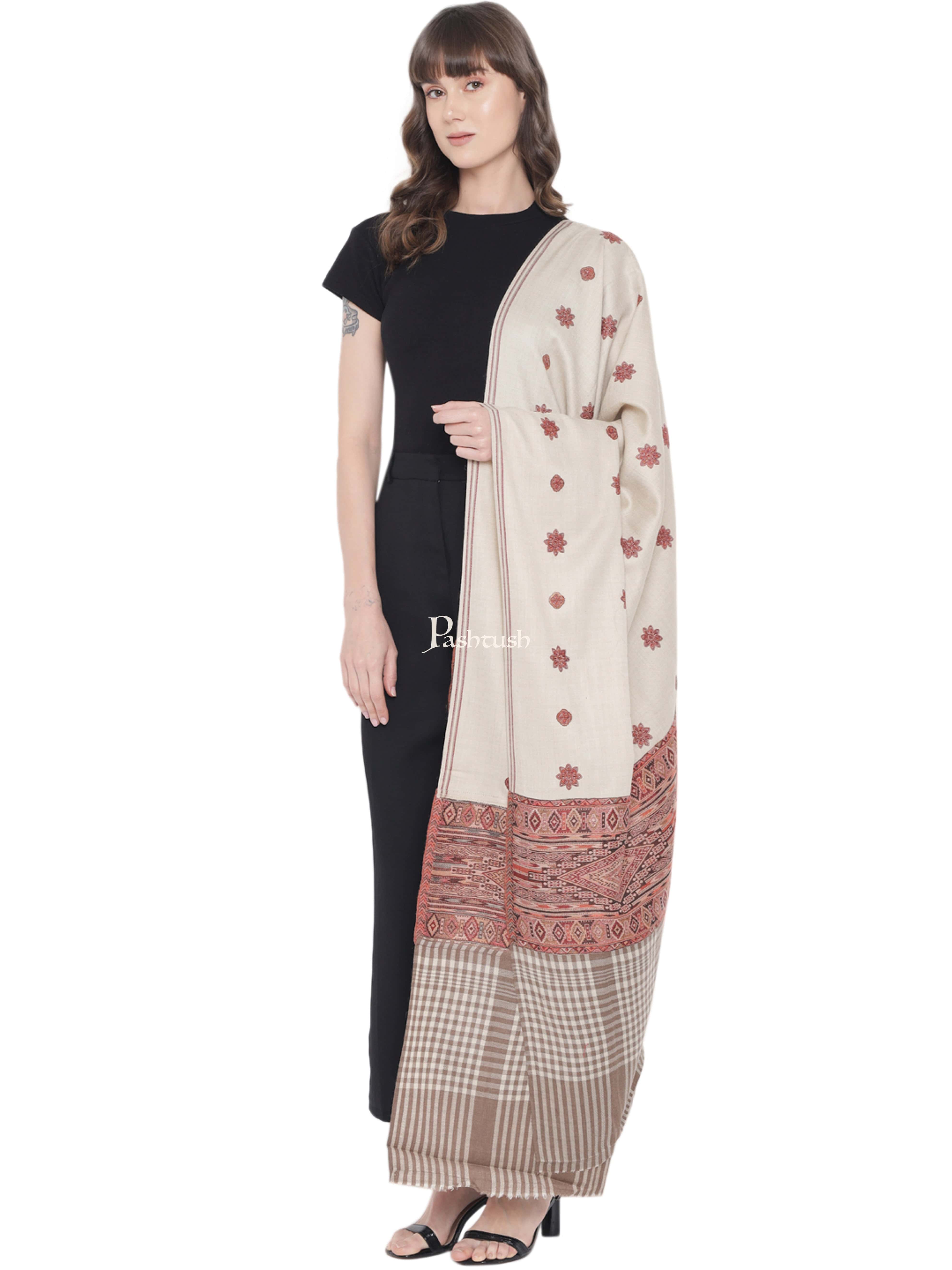 Pashtush Womens Kashmiri Shawl, Woollen, Checkered Stitched Palla, Beige - Image 3
