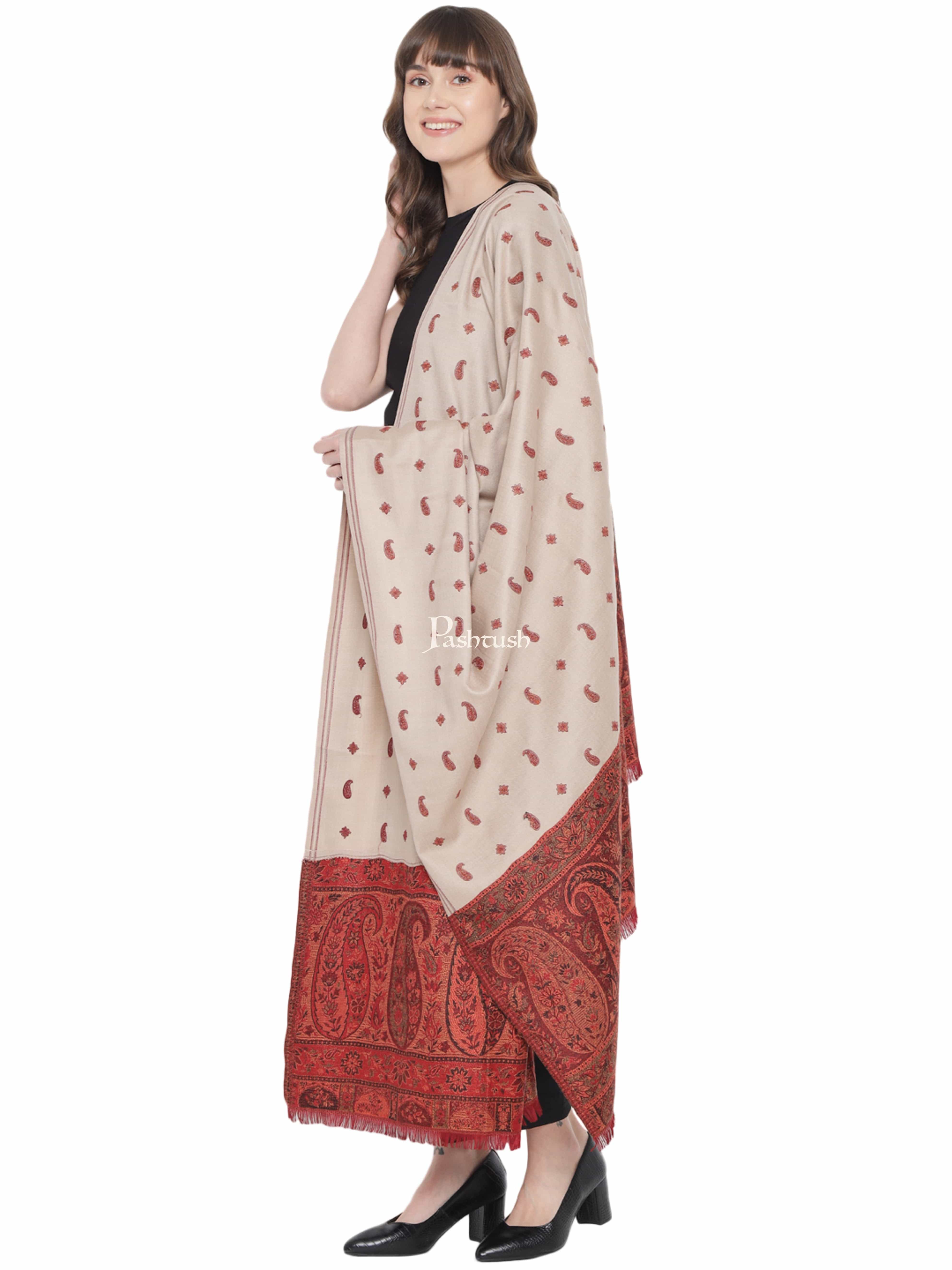 Pashtush Womens Kashmiri Shawl, Woollen, Stitched Palla, Needlework, Embroidery Beige - Image 5