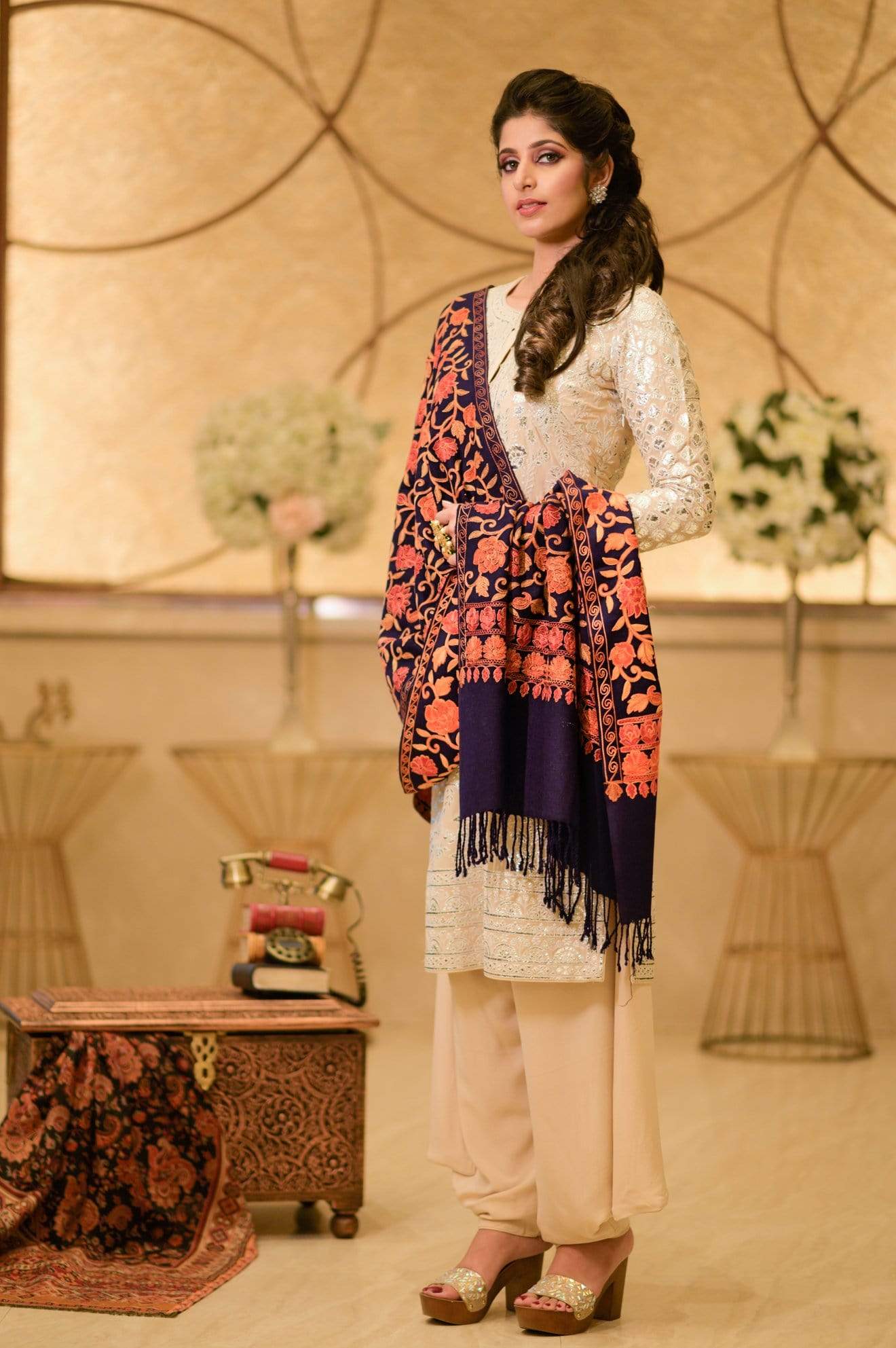 Pashtush Womens Stole, Aari Embroidery, Navy Blue - Image 3