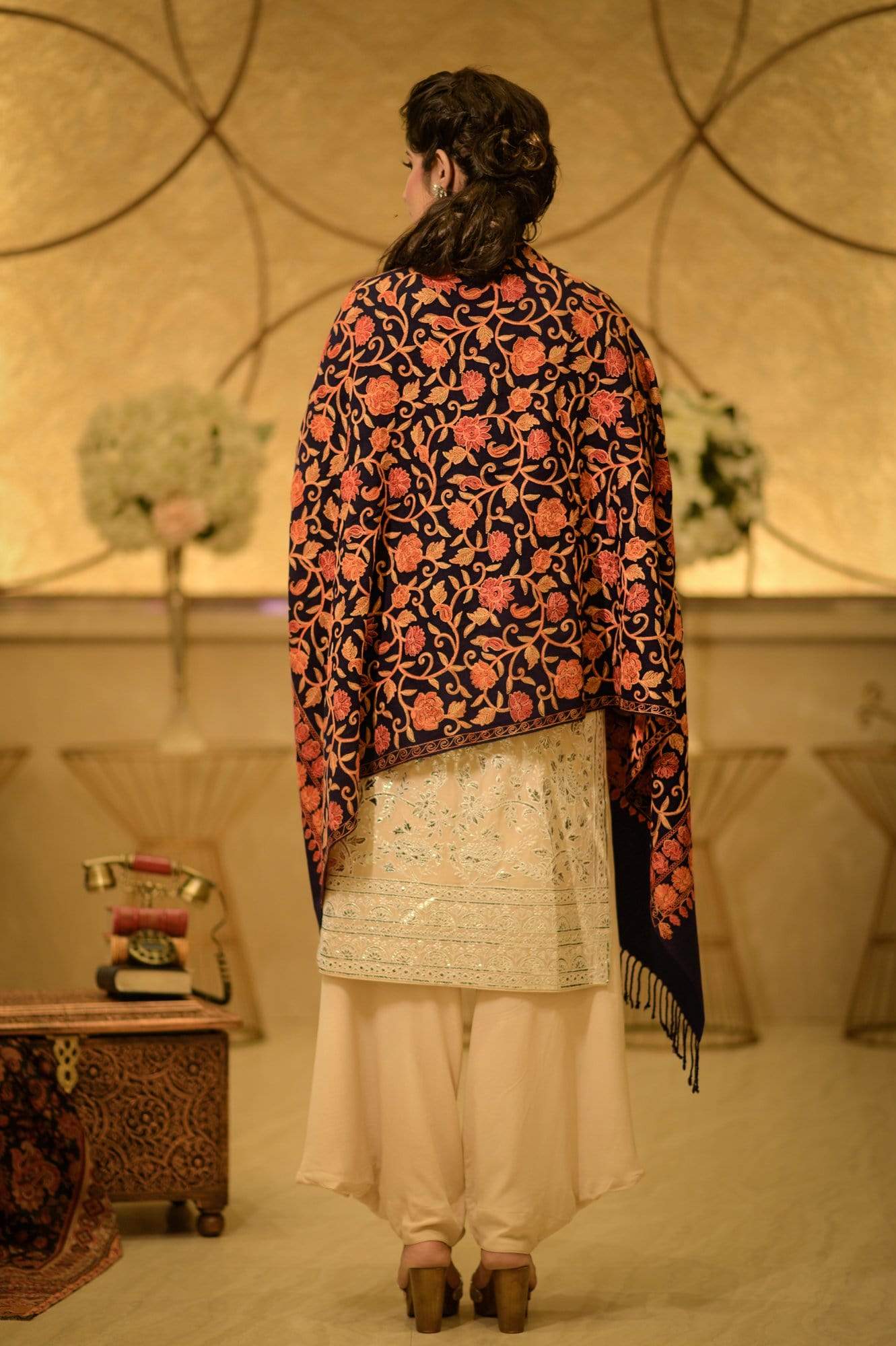 Pashtush Womens Stole, Aari Embroidery, Navy Blue - Image 6