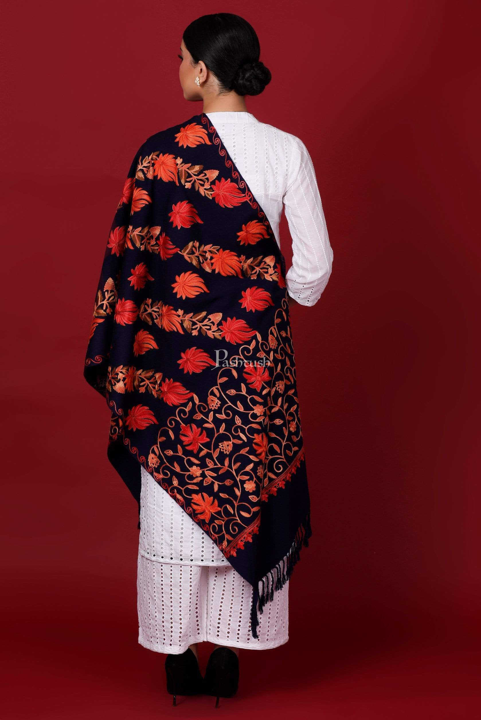 Pashtush Womens Stole, Aari Embroidery, Chinaar Design Navy Blue - Image 4