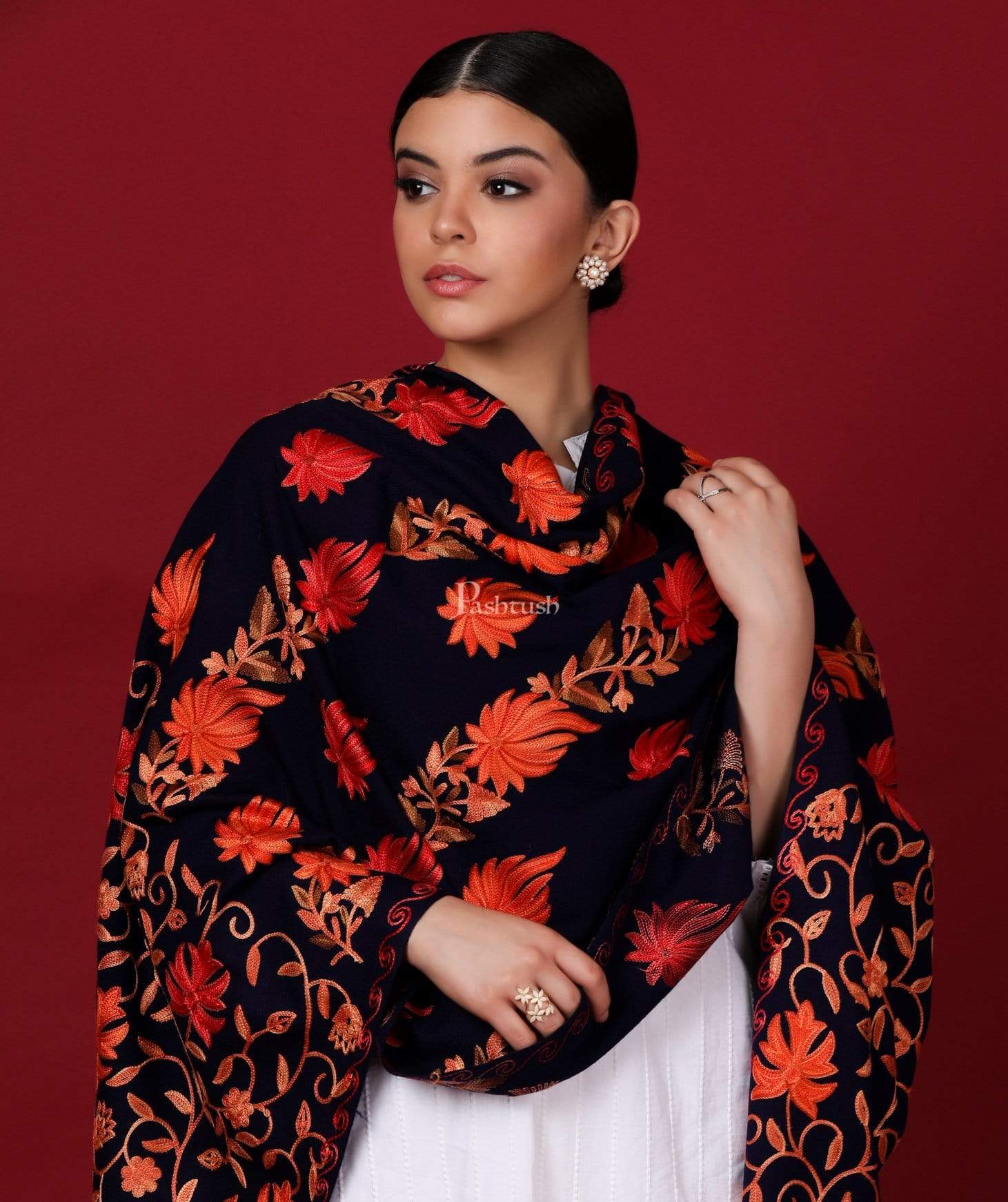 Pashtush Womens Stole, Aari Embroidery, Chinaar Design Navy Blue - Image 5