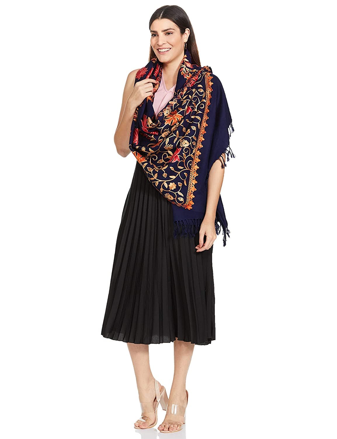 Pashtush Womens Stole, Aari Embroidery, Chinaar Design Navy Blue - Image 9