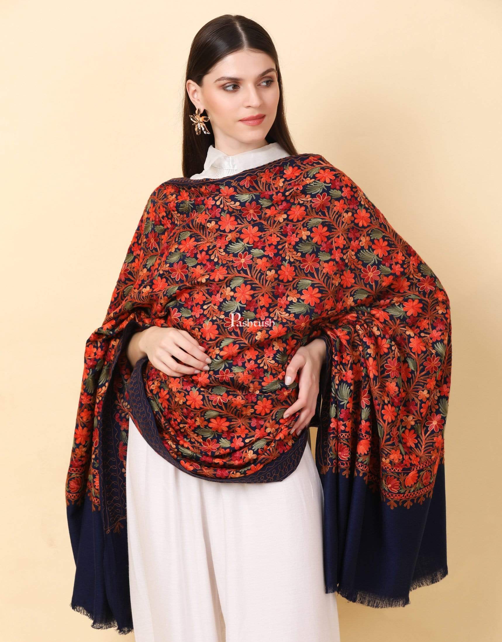 Pashtush Womens Shawl, Aari Embroidery, Navy Blue