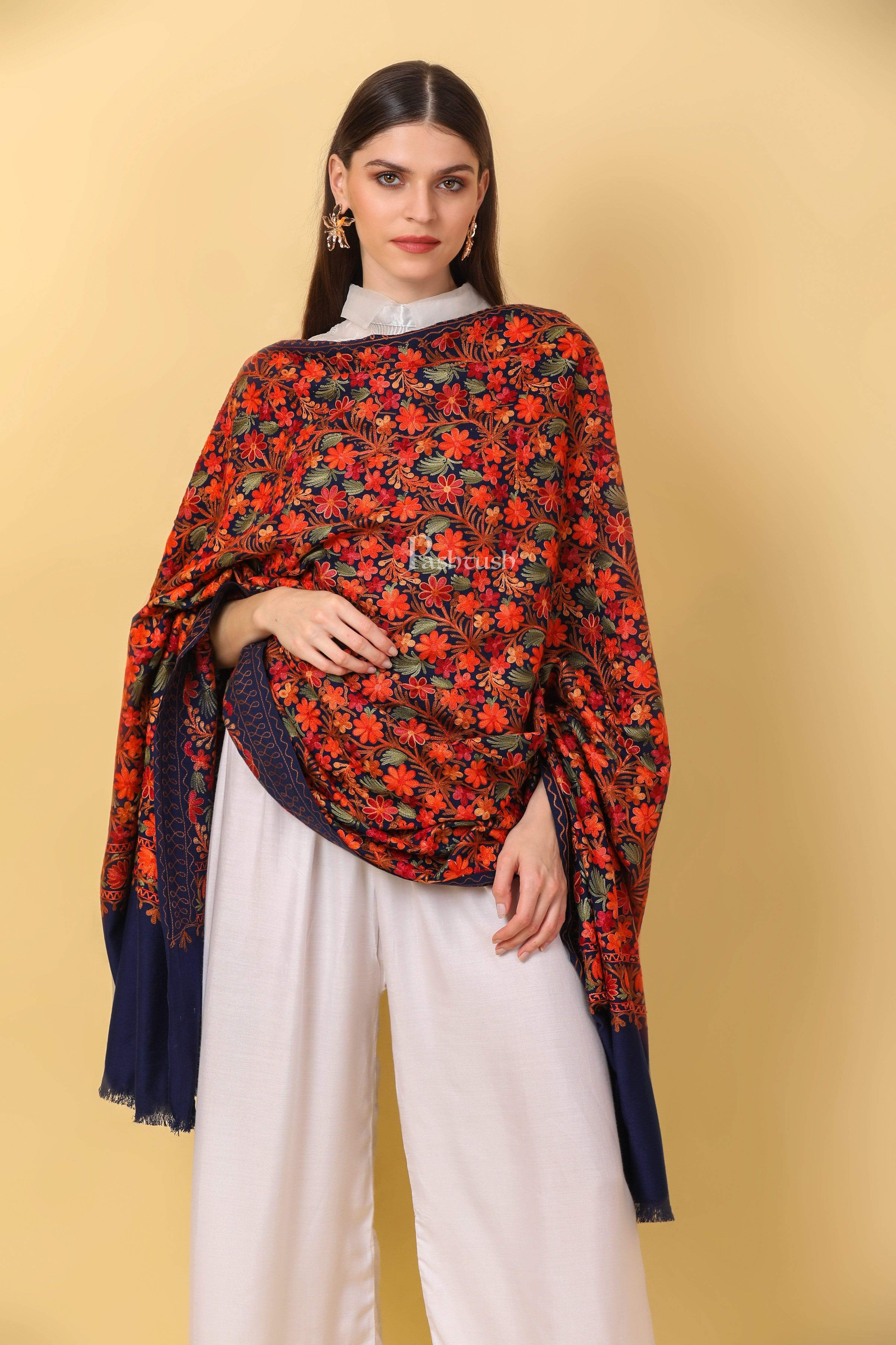Pashtush Womens Shawl, Aari Embroidery, Navy Blue - Image 4