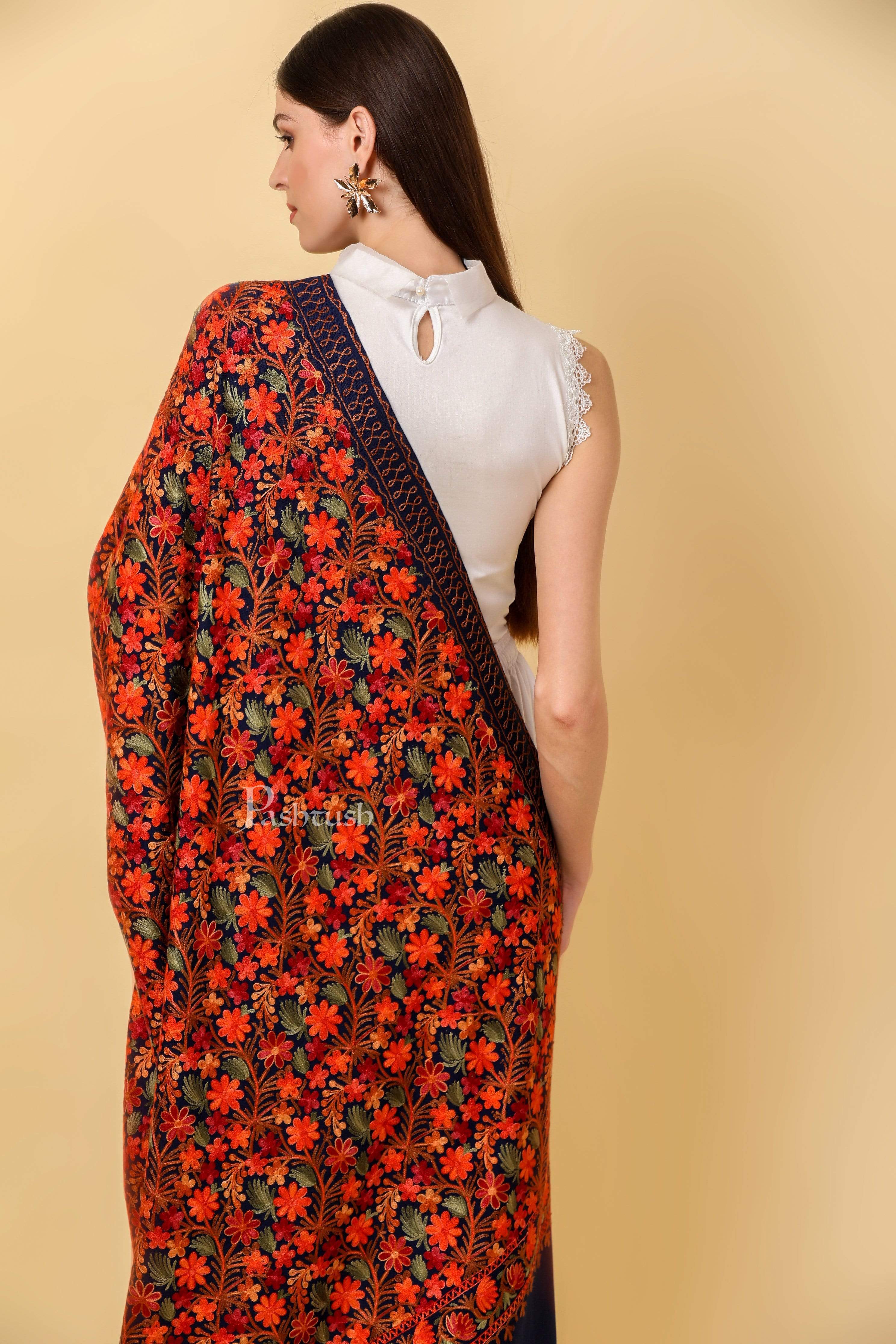 Pashtush Womens Shawl, Aari Embroidery, Navy Blue - Image 7