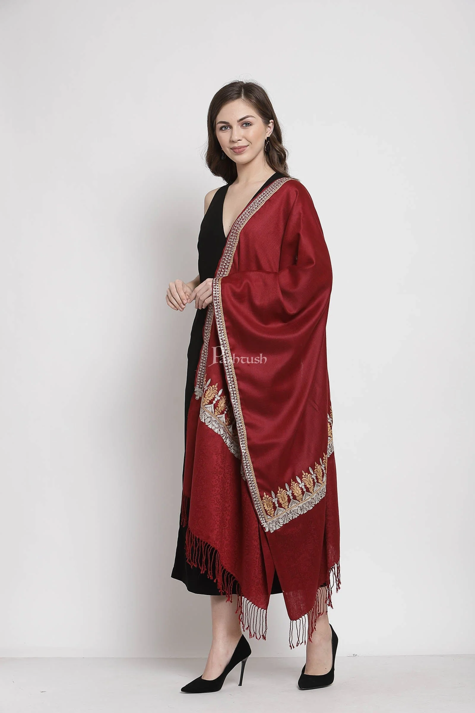 Pashtush Womens Tilla Work Embroidery Stole, Extra Fine Needlework, Maroon