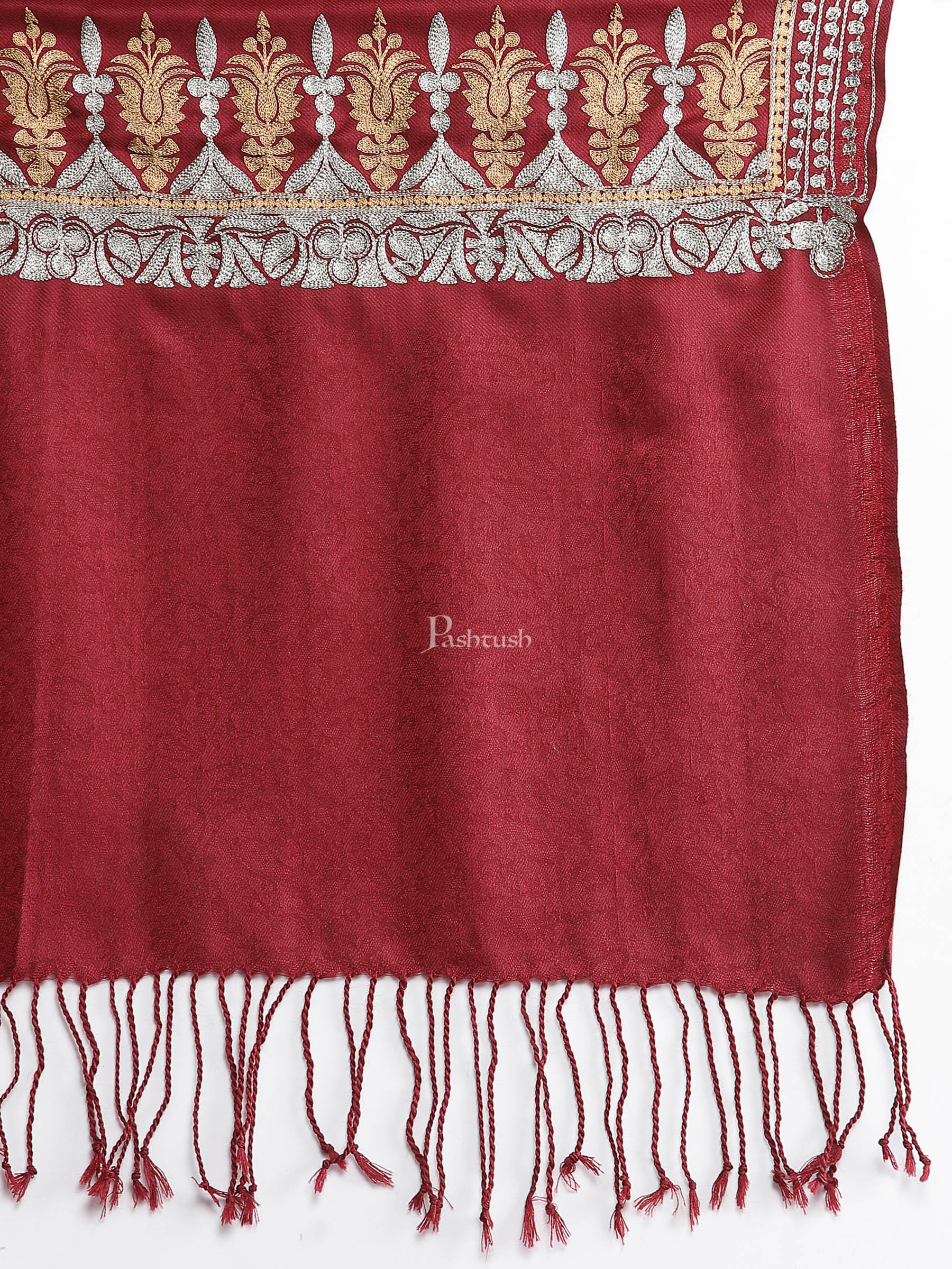 Pashtush Womens Tilla Work Embroidery Stole, Extra Fine Needlework, Maroon - Image 2