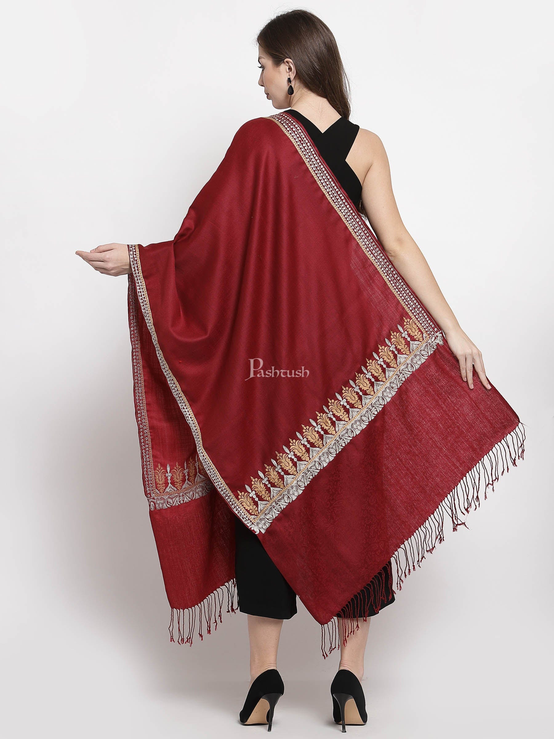Pashtush Womens Tilla Work Embroidery Stole, Extra Fine Needlework, Maroon - Image 3