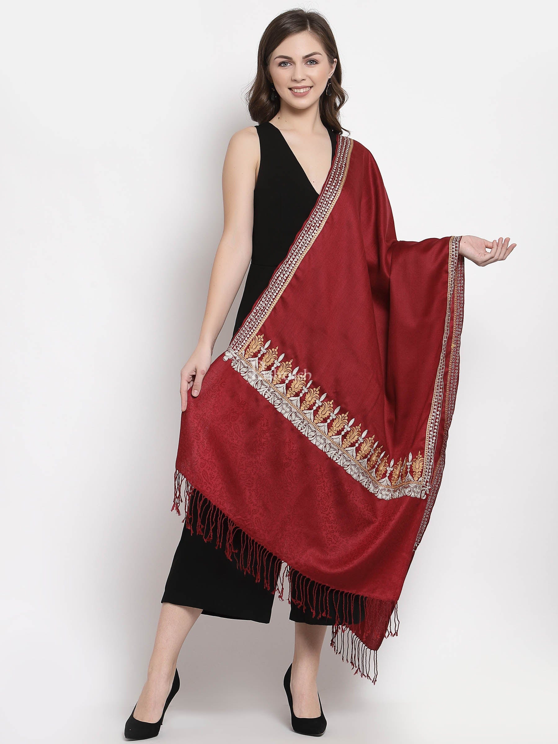 Pashtush Womens Tilla Work Embroidery Stole, Extra Fine Needlework, Maroon - Image 4