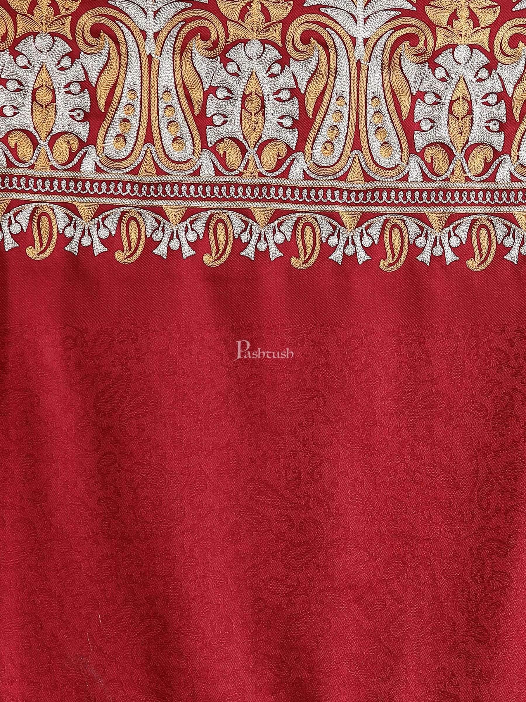 Pashtush Womens Tilla Work Embroidery Stole, Extra Fine Needlework, Crimson - Image 2