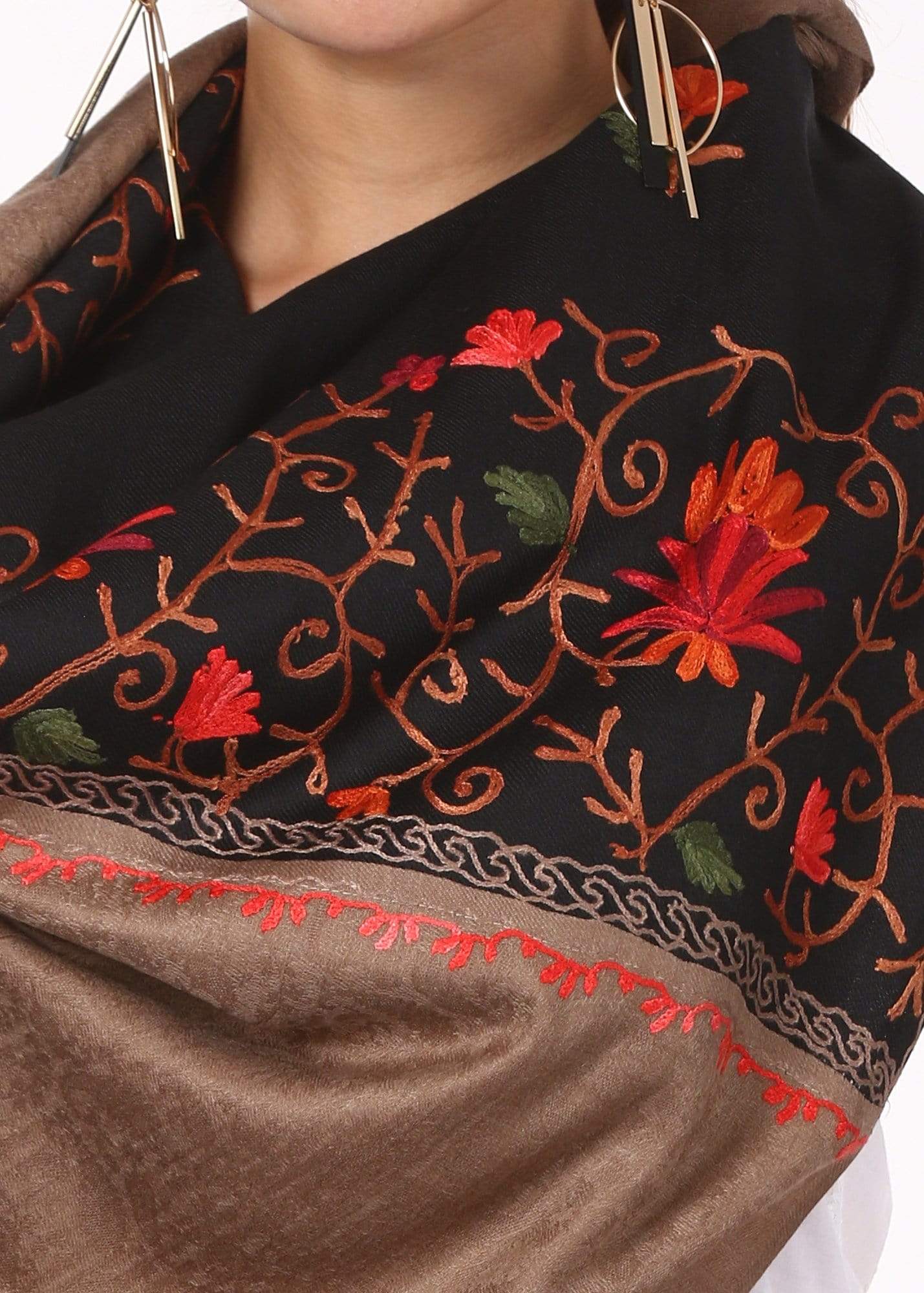 Pashtush Womens Wool Shawl With 100% Hand Embroidery, Aari Silken Thread Fine Wool Black and Beige - Image 4
