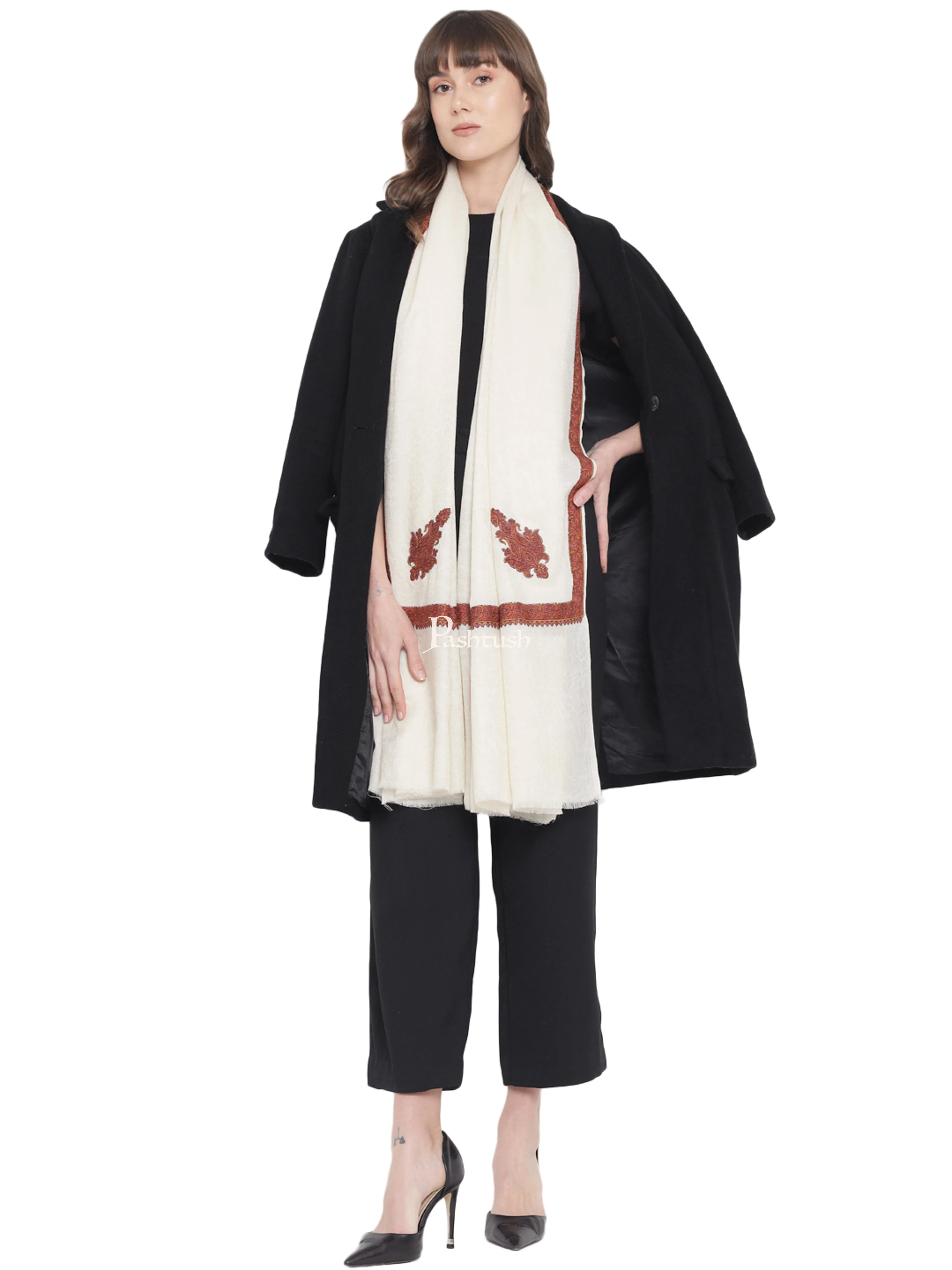 Pashtush Women's Kingri Border Embroidery Shawl, Fine Wool, Ivory - Image 6