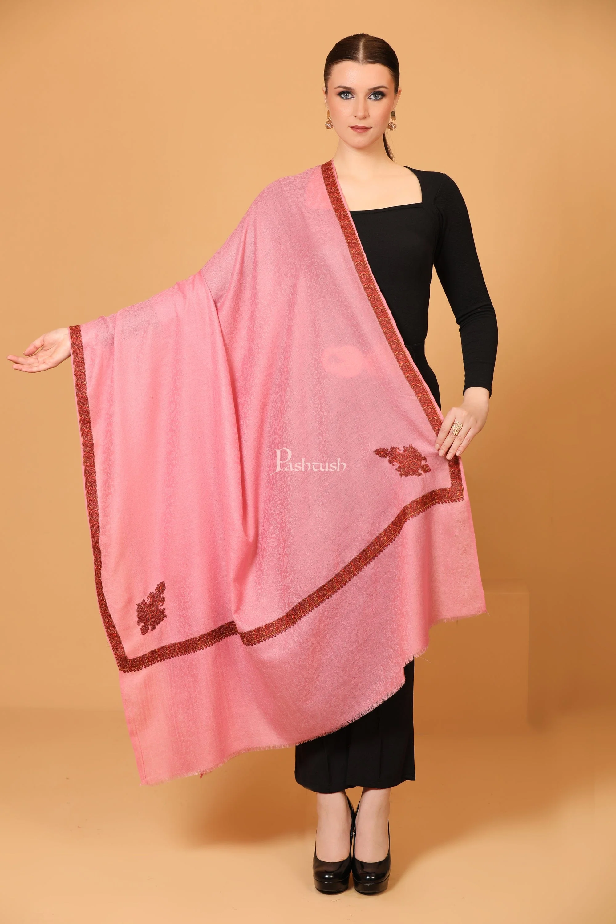Pashtush Women's Kingri Border Embroidery Shawl, Fine Wool, Pink - Image 4