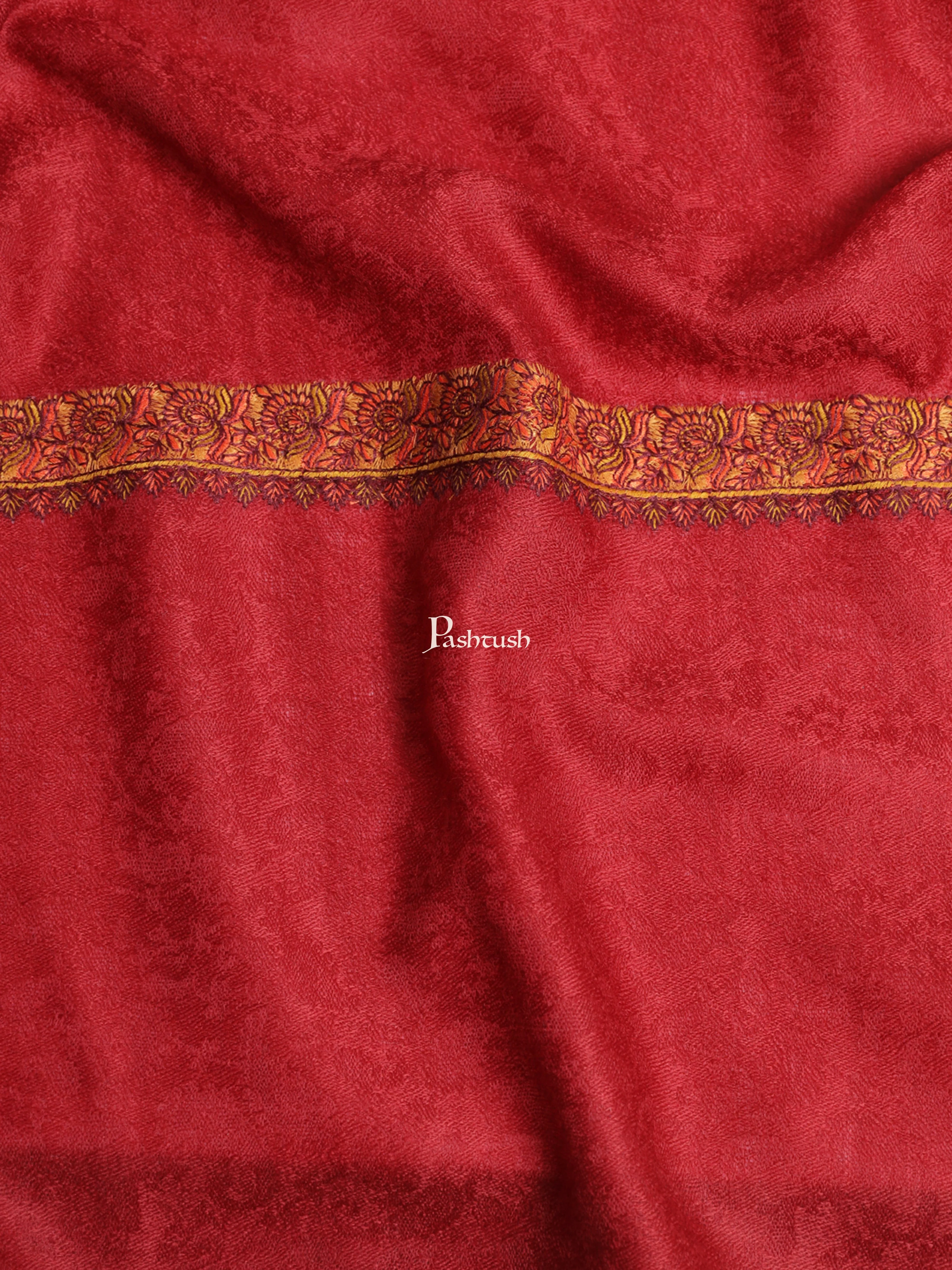 Pashtush Womens Kingri Embroidery Shawl, Fine Wool, Border, Self Weave, Crimson - Image 2