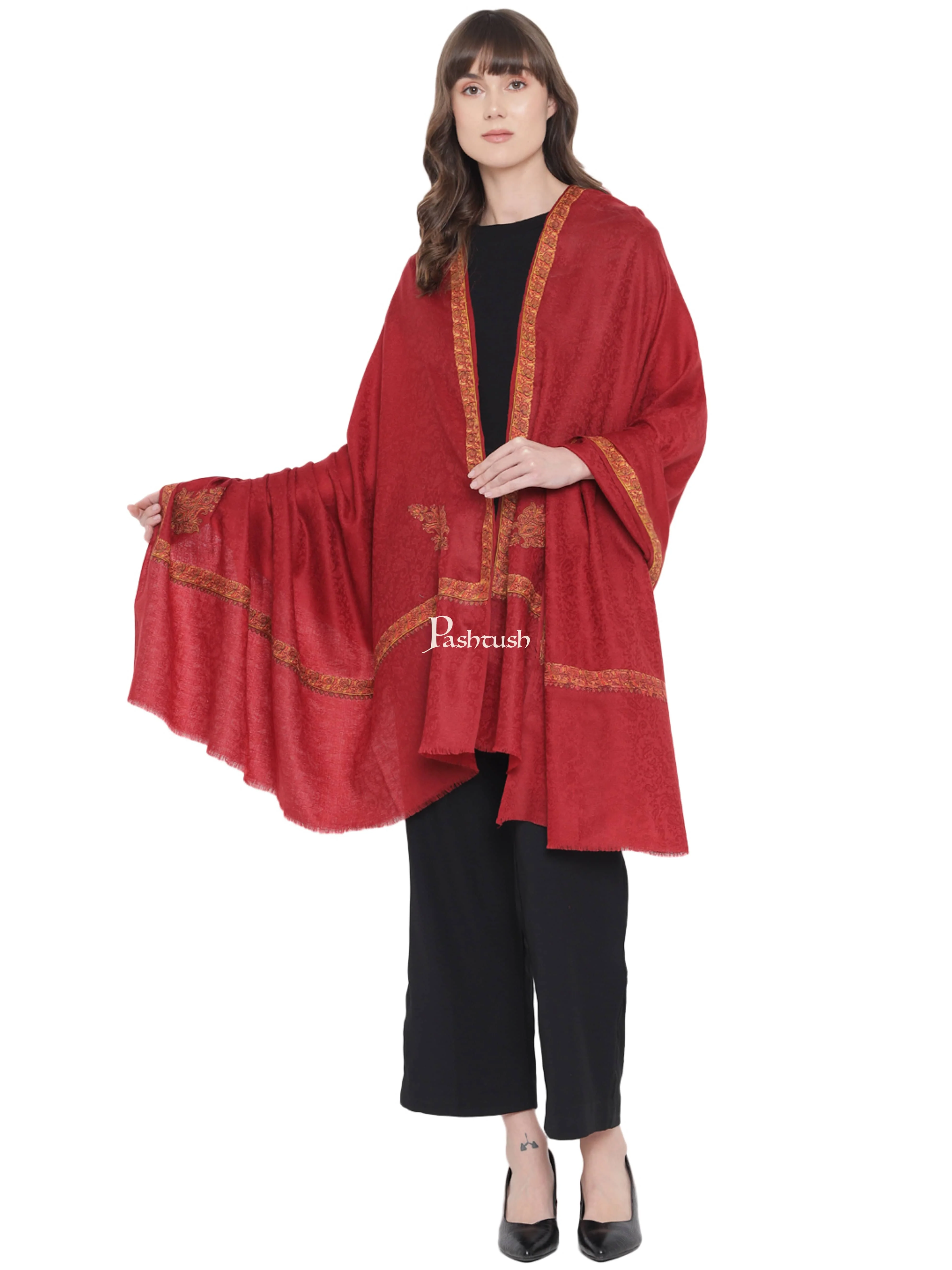 Pashtush Womens Kingri Embroidery Shawl, Fine Wool, Border, Self Weave, Crimson - Image 5