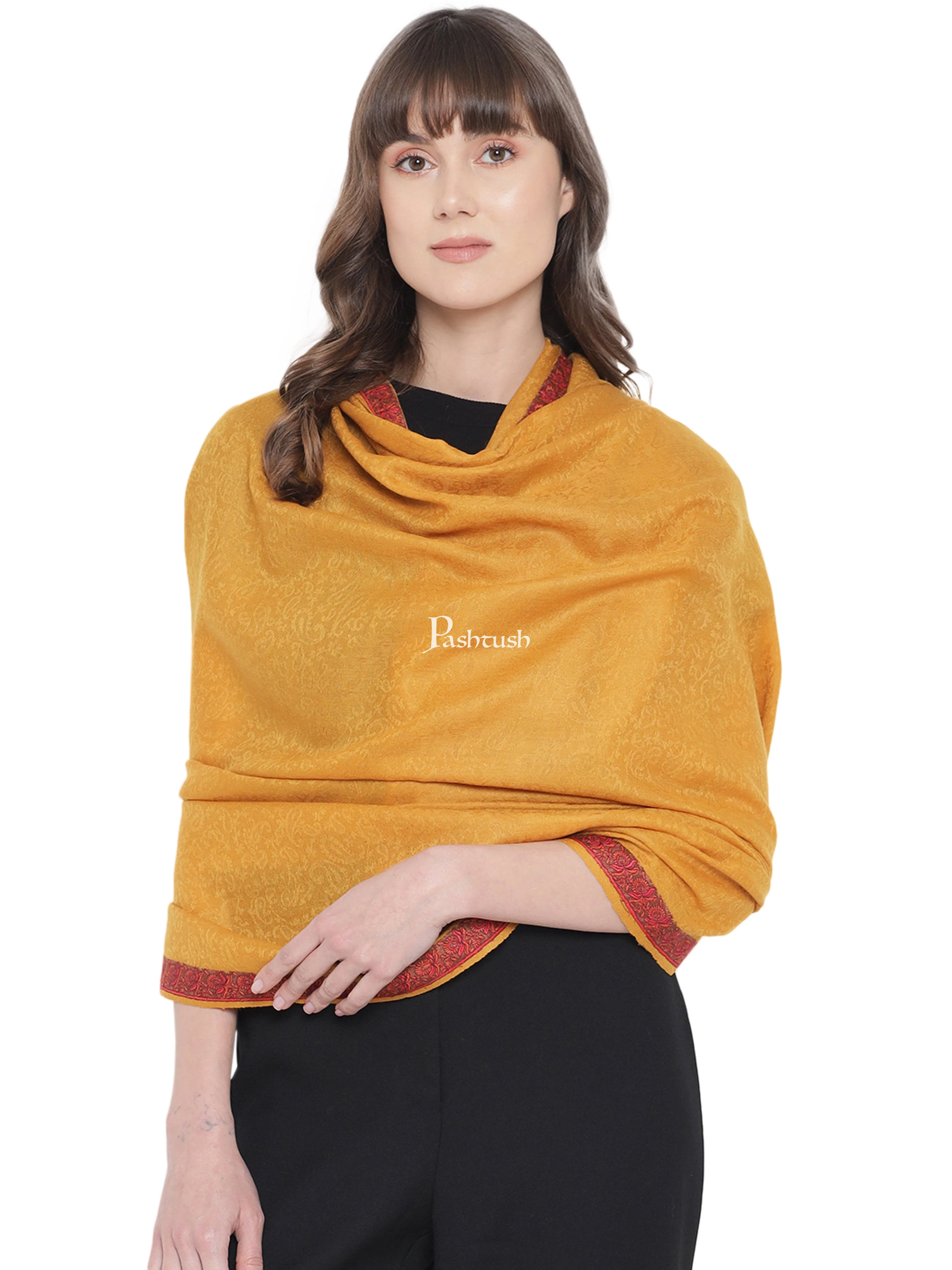 Pashtush Womens Kingri Embroidery Shawl, Fine Wool, Border, Self Weave, Mustard - Image 3