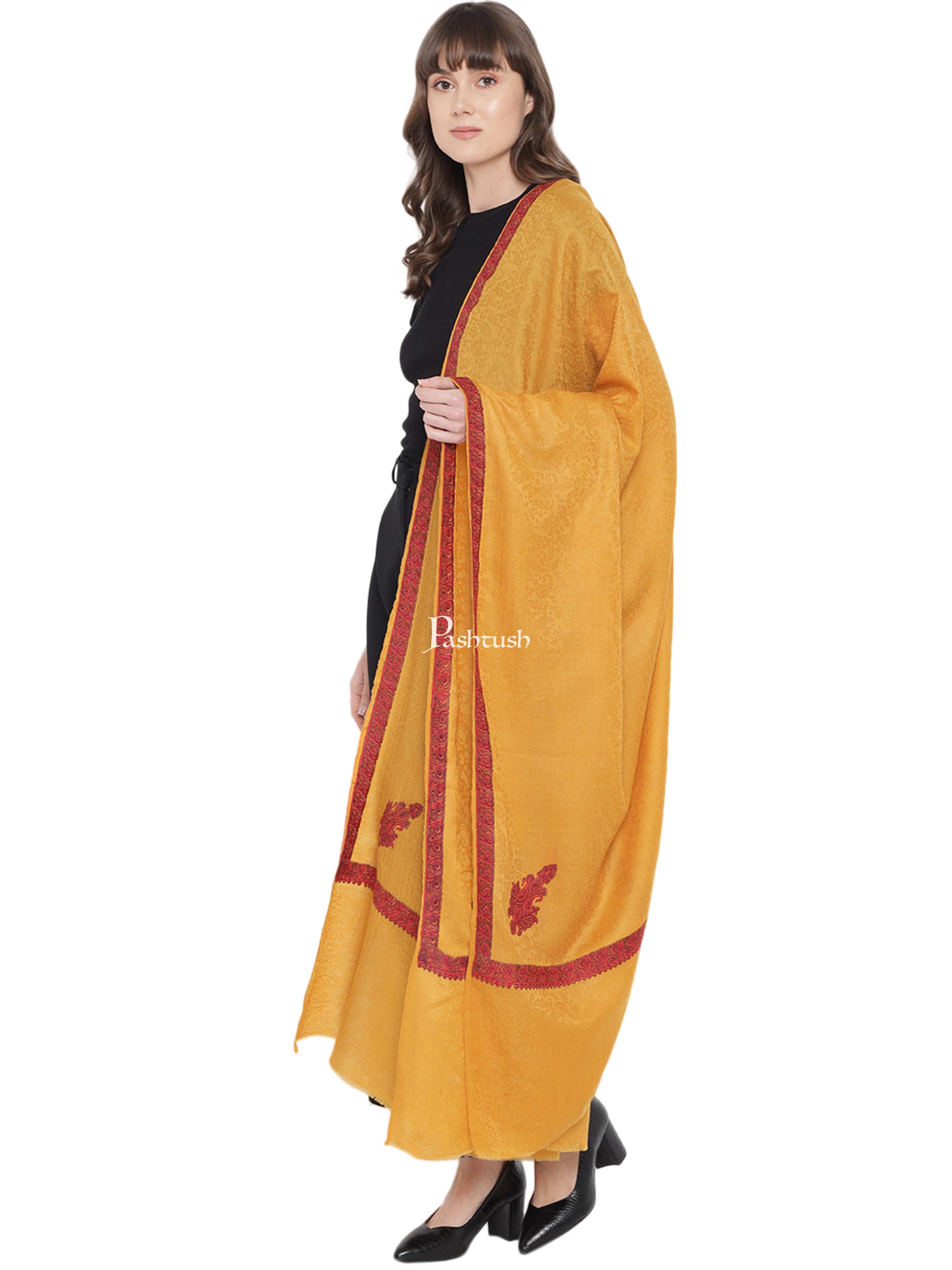 Pashtush Womens Kingri Embroidery Shawl, Fine Wool, Border, Self Weave, Mustard - Image 4
