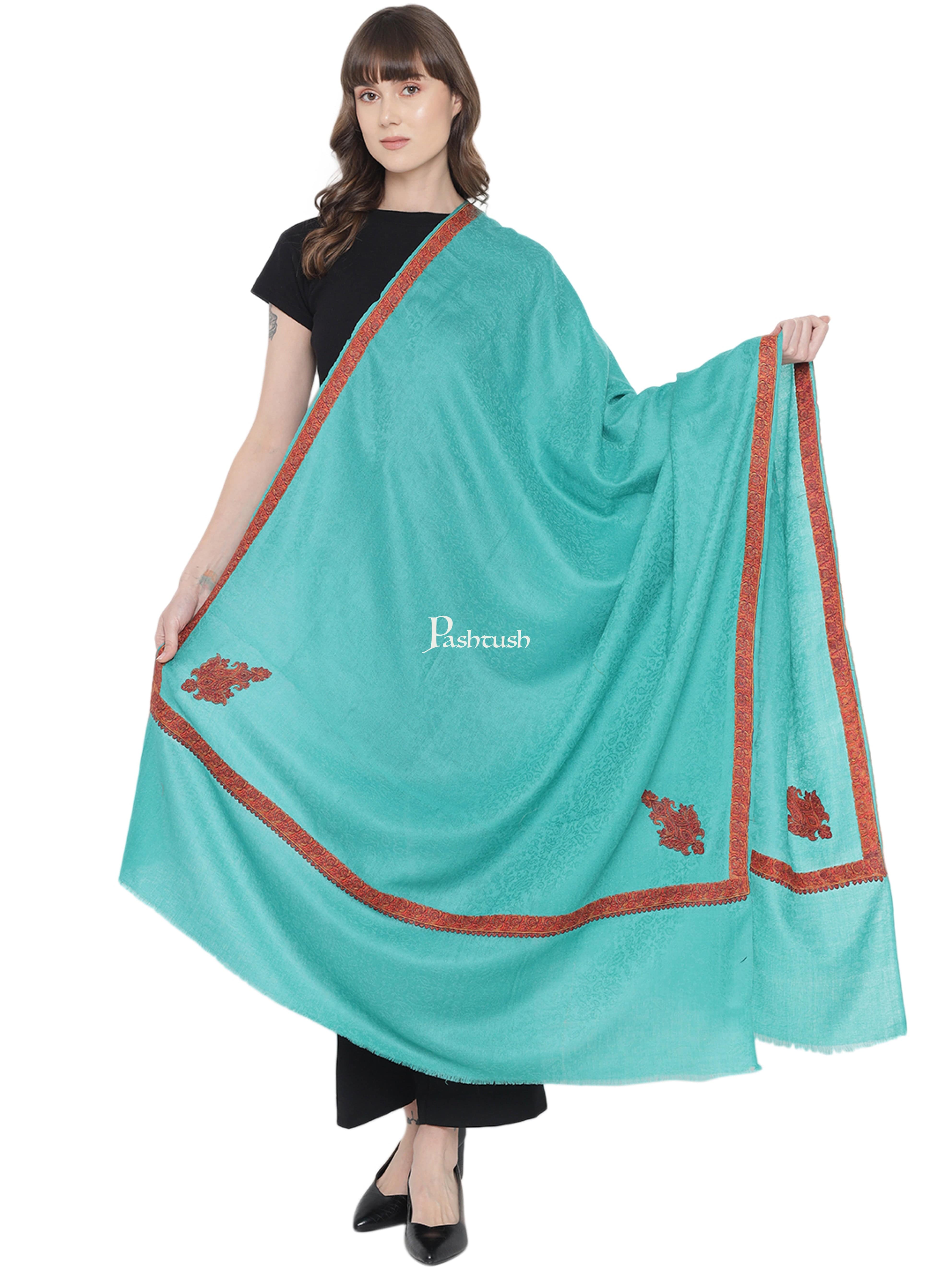 Pashtush Womens Kingri Embroidery Shawl, Fine Wool, Border, Self Weave, Turkish Green - Image 3