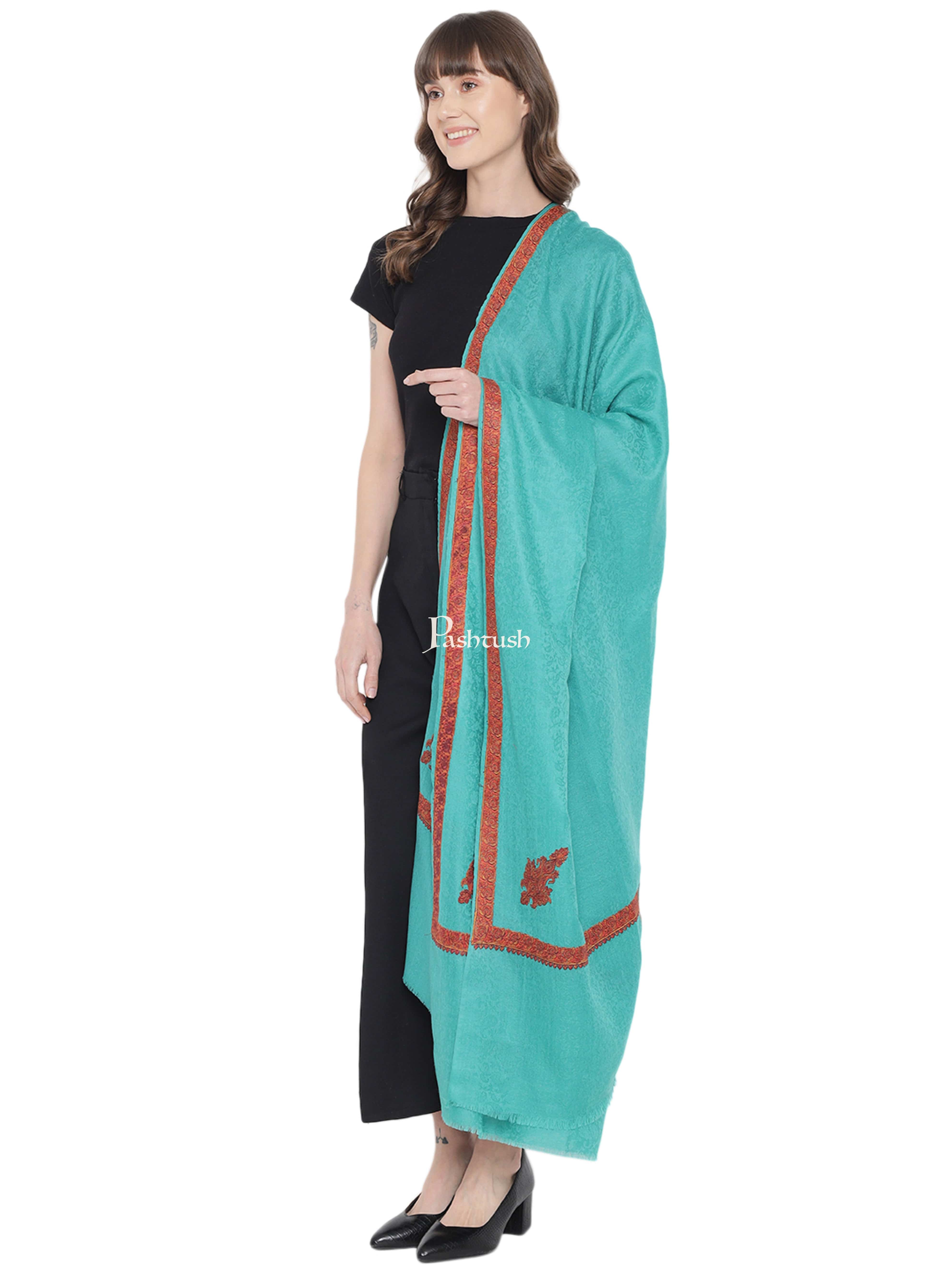Pashtush Womens Kingri Embroidery Shawl, Fine Wool, Border, Self Weave, Turkish Green - Image 5