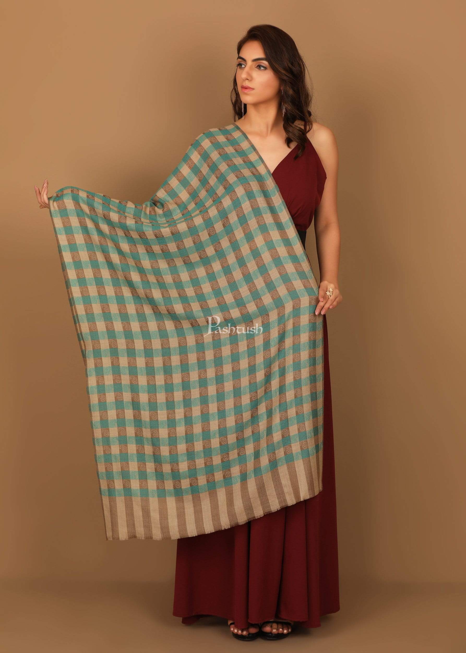 Pashtush Womens Luxury Wool Check Scarf, Reversible, Extra-Fine, Arabic Blue And Beige