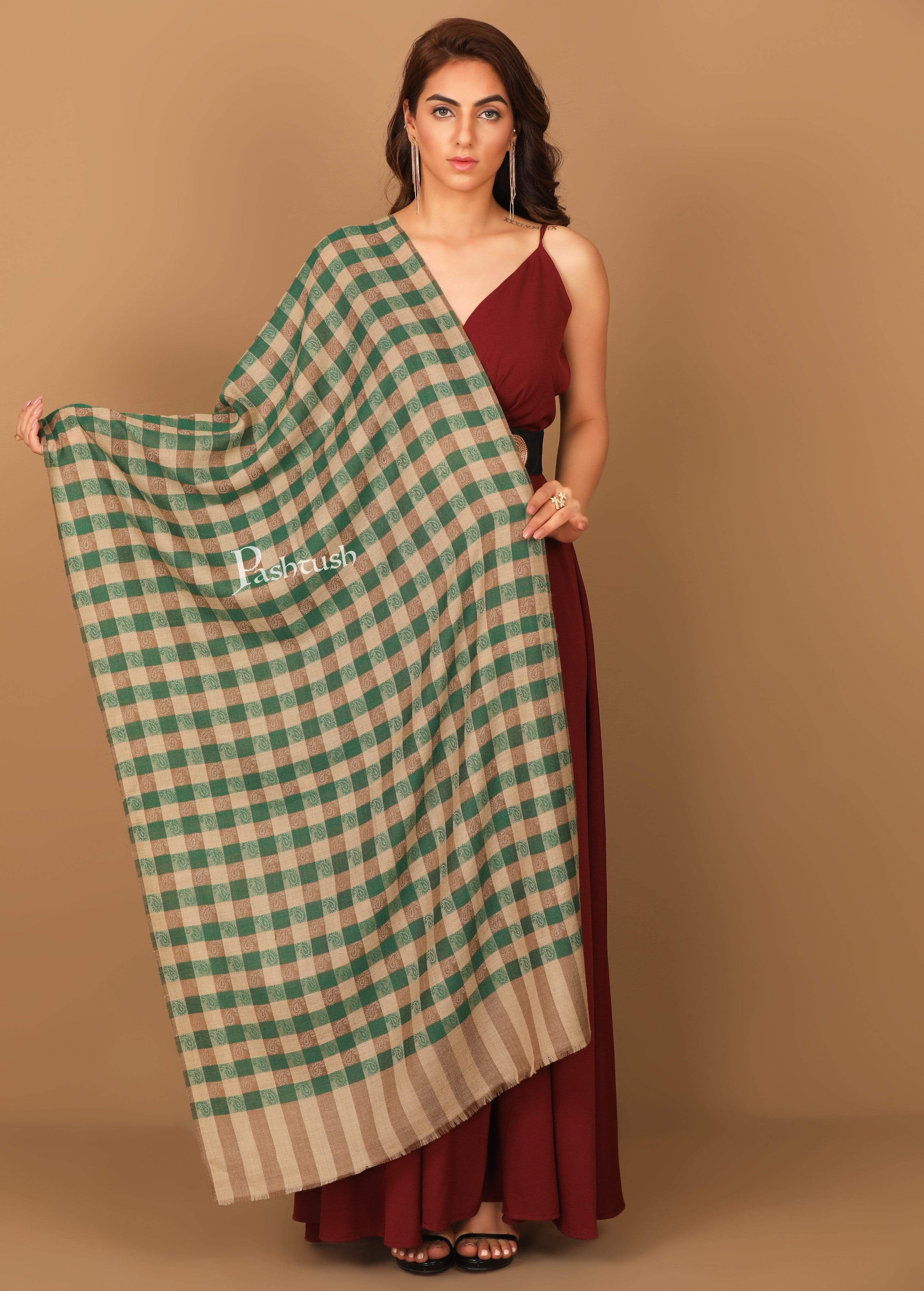 Pashtush Womens Luxury Wool Check Scarf,  Reversible, Extra-Fine, Jade Colour - Image 3