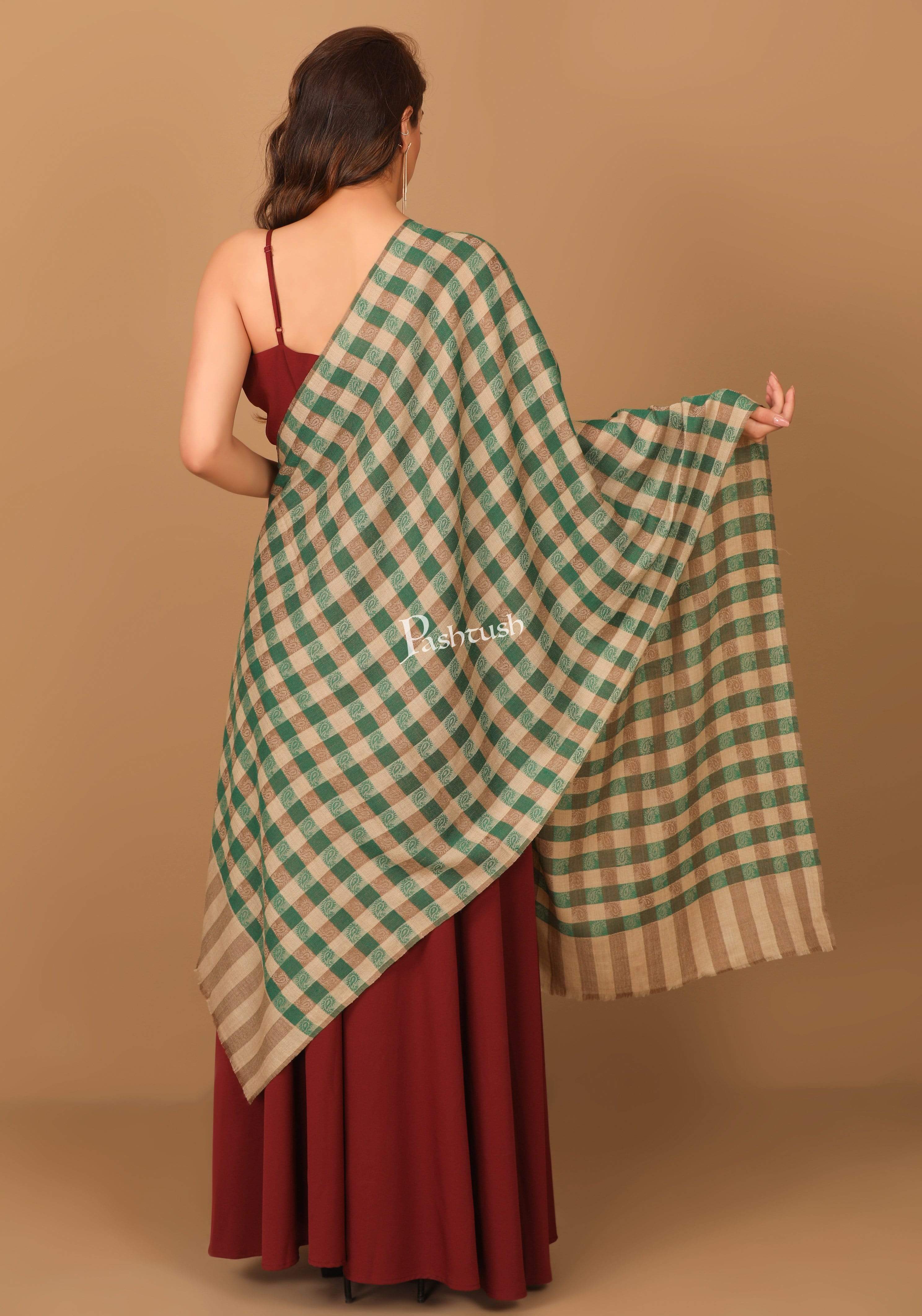 Pashtush Womens Luxury Wool Check Scarf,  Reversible, Extra-Fine, Jade Colour - Image 4