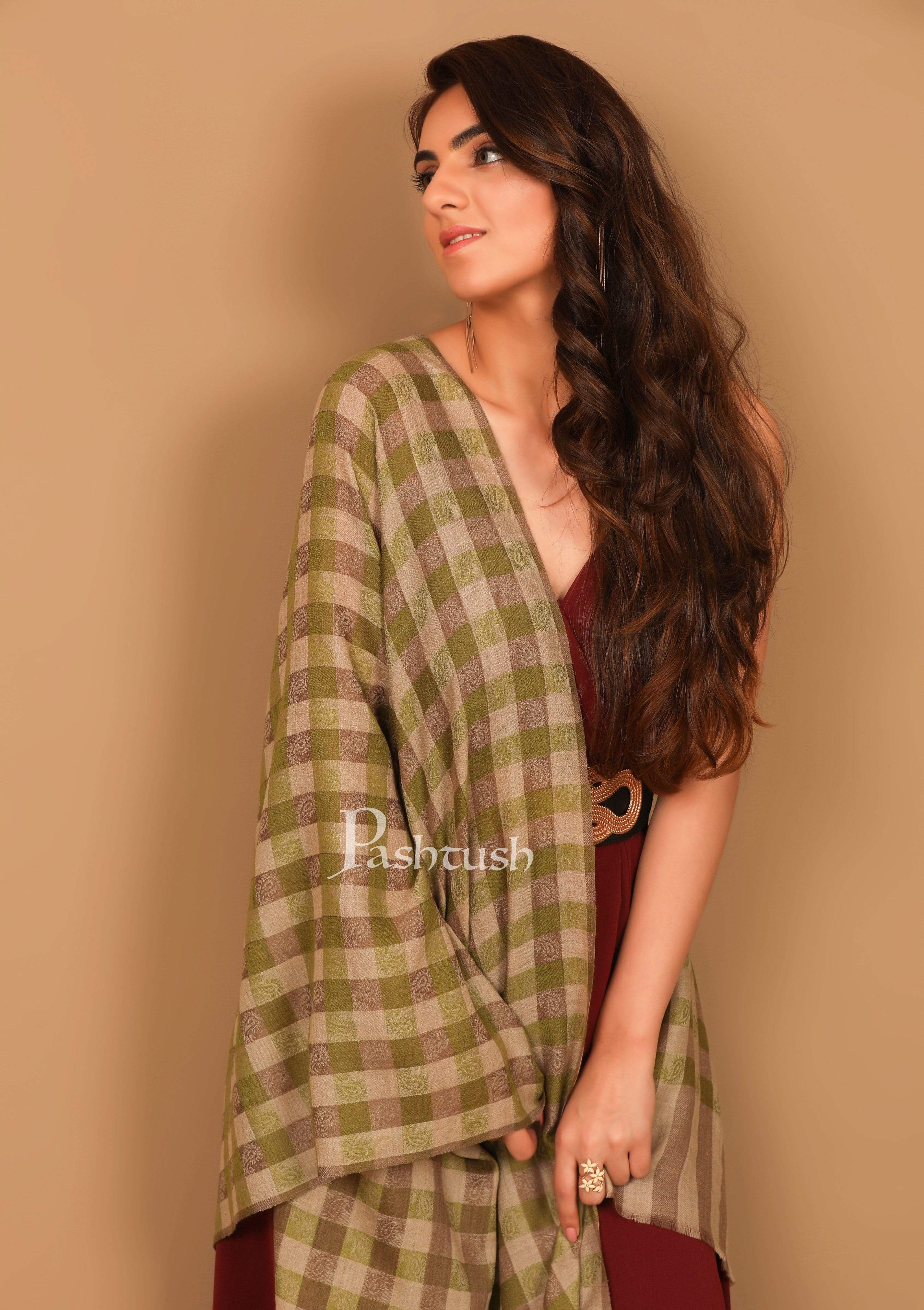 Pashtush Womens Luxury Wool Check Scarf,  Reversible, Extra-Fine, Beige And Sea Green - Image 5