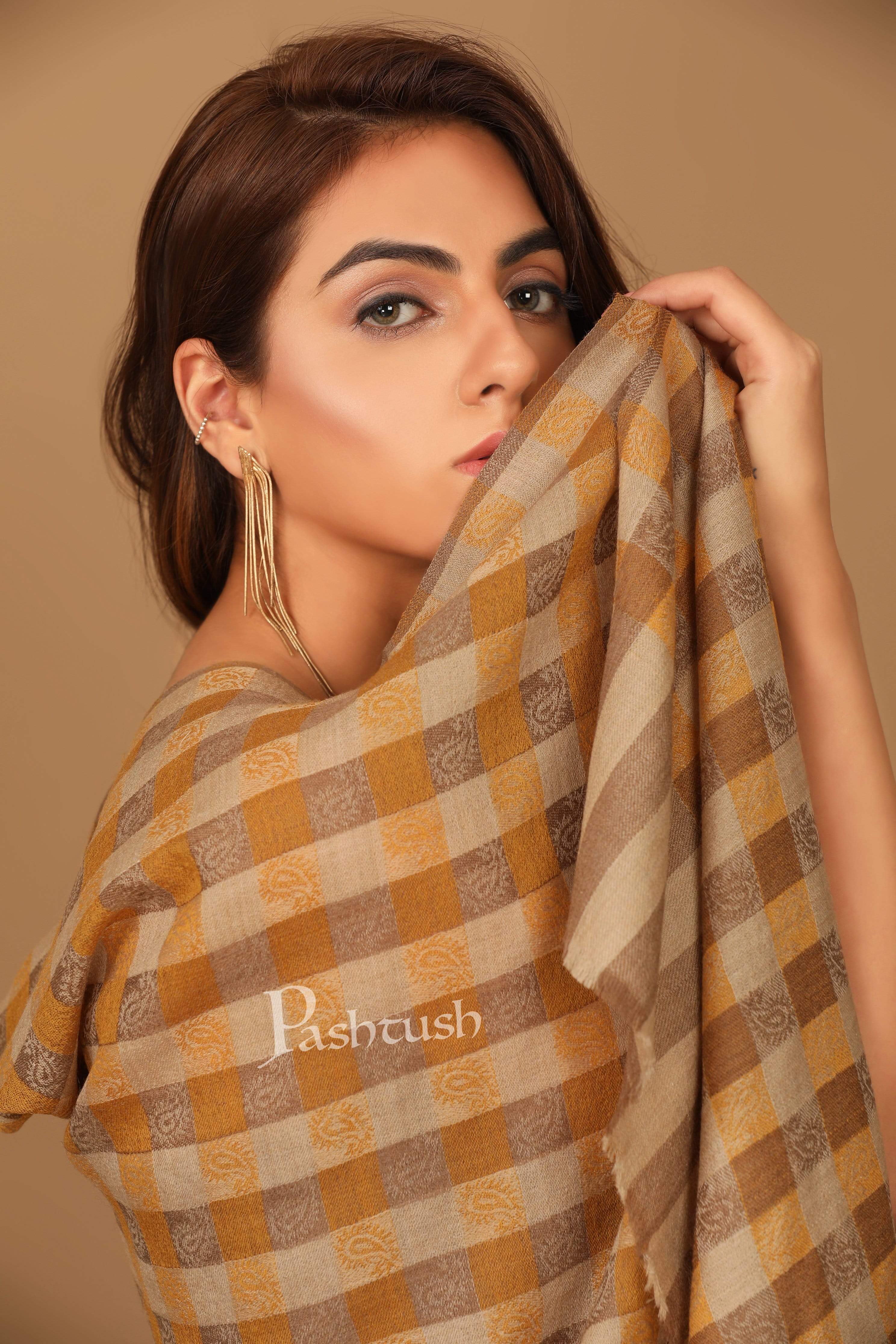 Pashtush Womens Luxury Wool Checkered Scarf, Reversible, Extra-Fine, Tuscan Sun