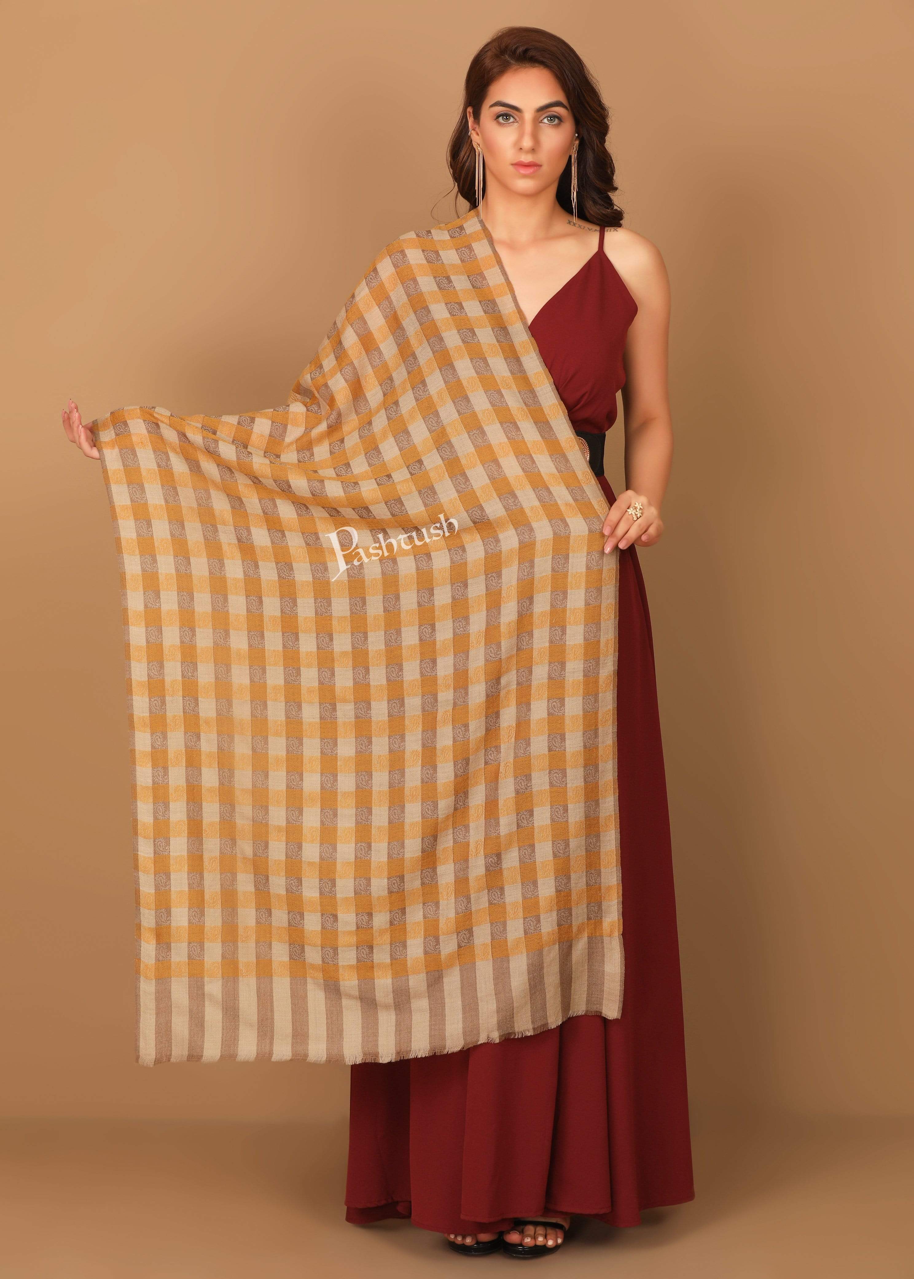 Pashtush Womens Luxury Wool Checkered Scarf, Reversible, Extra-Fine, Tuscan Sun - Image 2