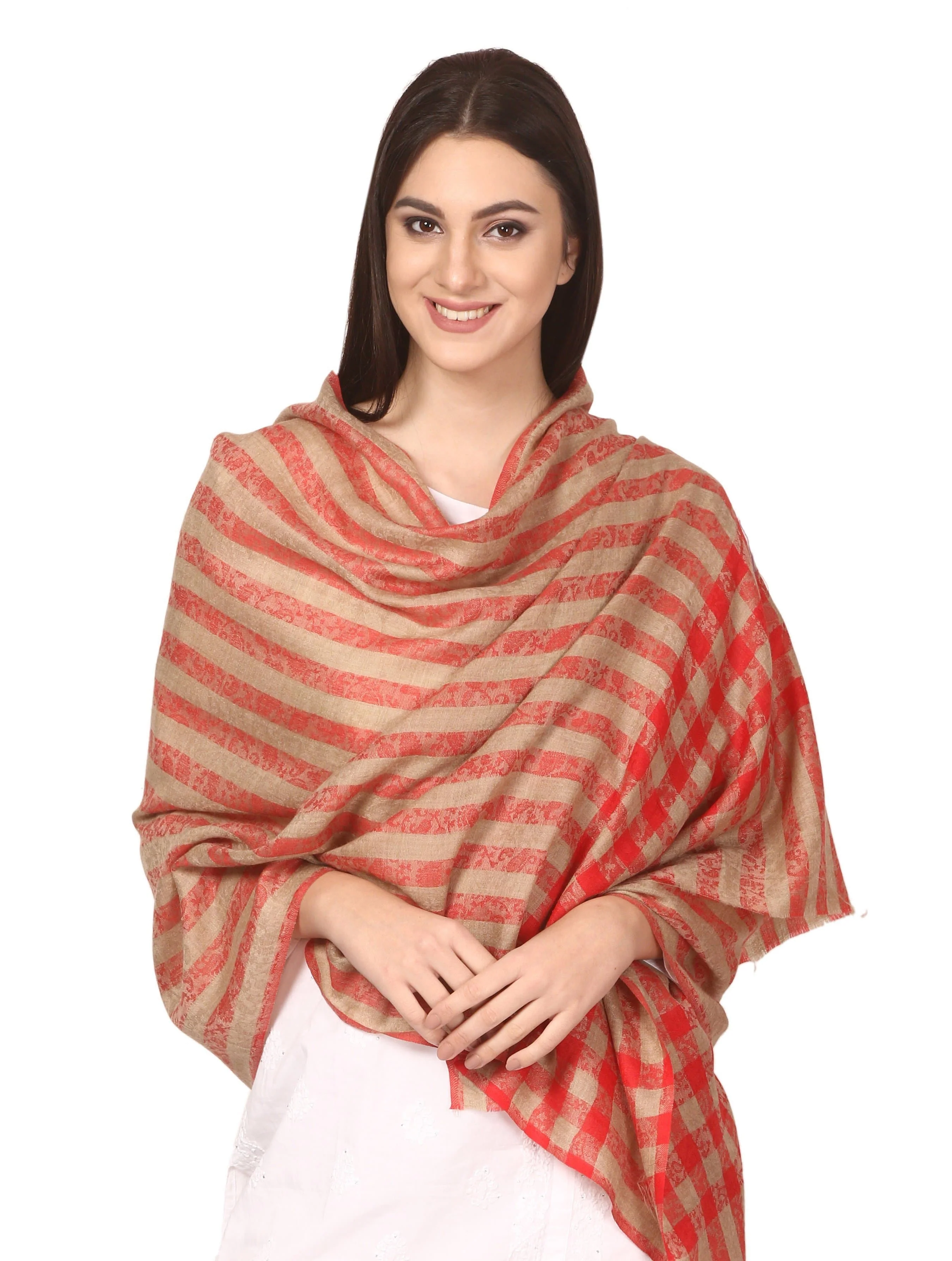 Pashtush Women Red Beige Striped Designer Stole