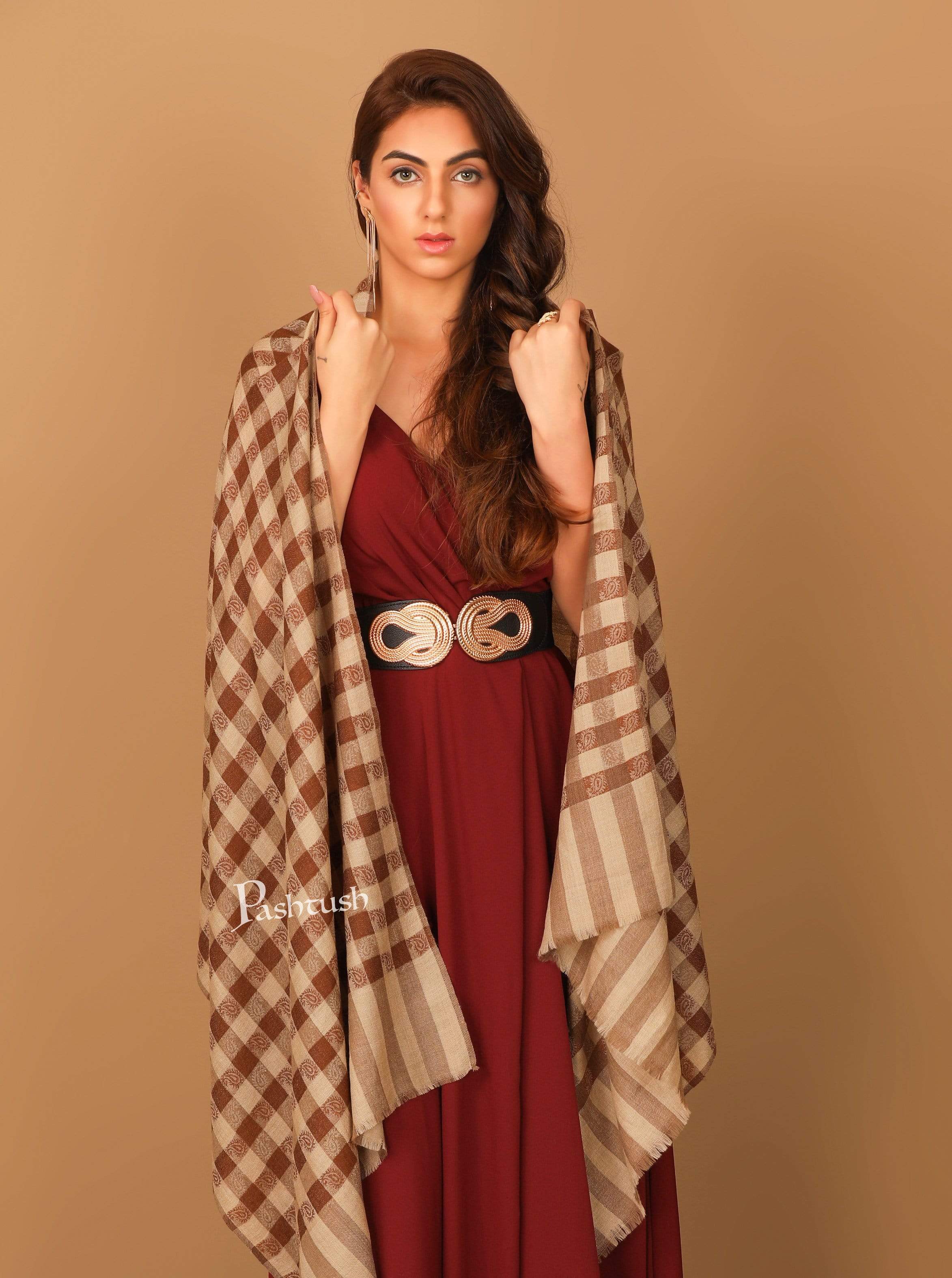 Pashtush Womens Luxury Wool Check Scarf,  Reversible, Extra-Fine, Mocha Brown - Image 10
