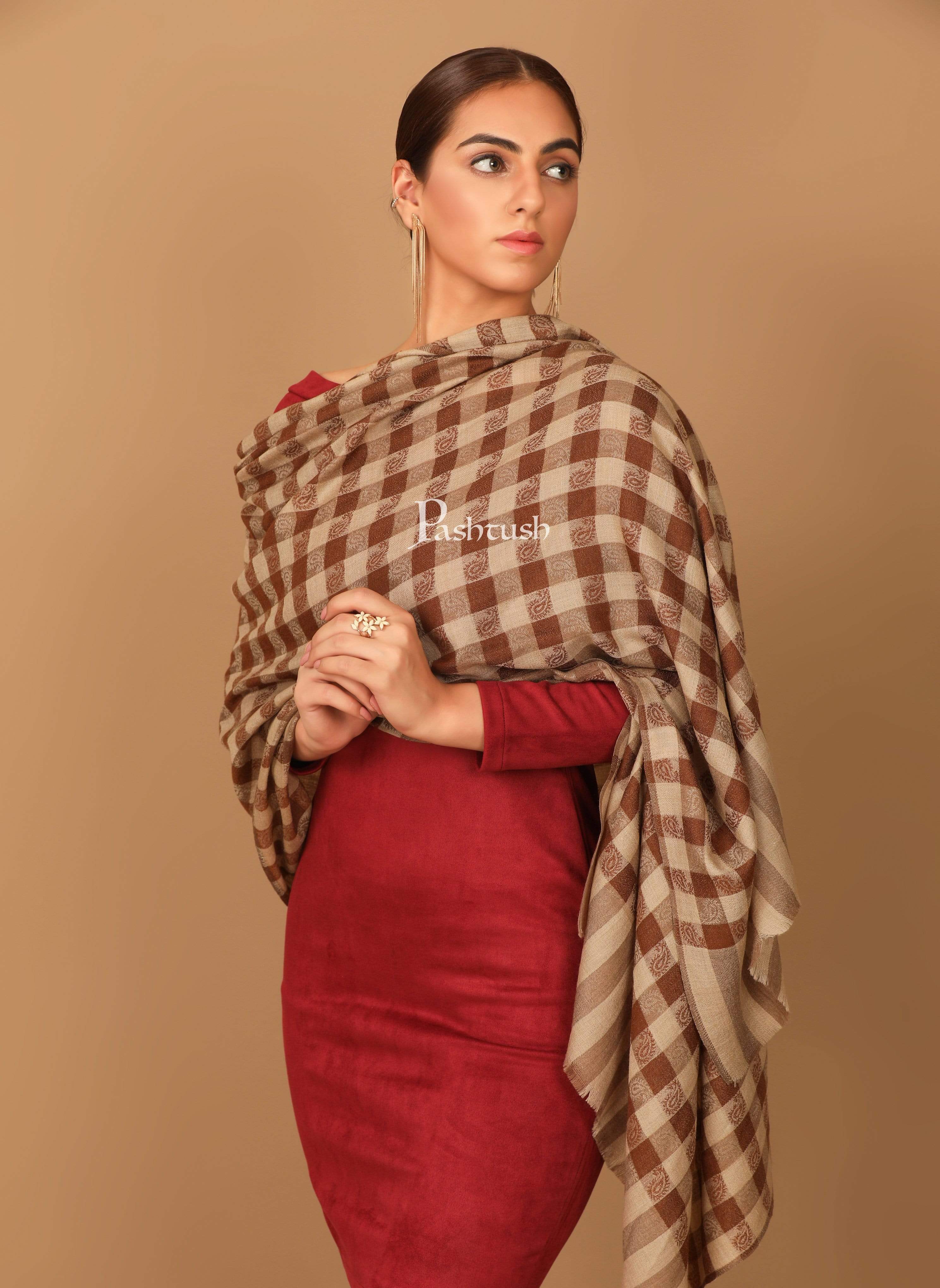 Pashtush Womens Luxury Wool Check Scarf,  Reversible, Extra-Fine, Mocha Brown - Image 3