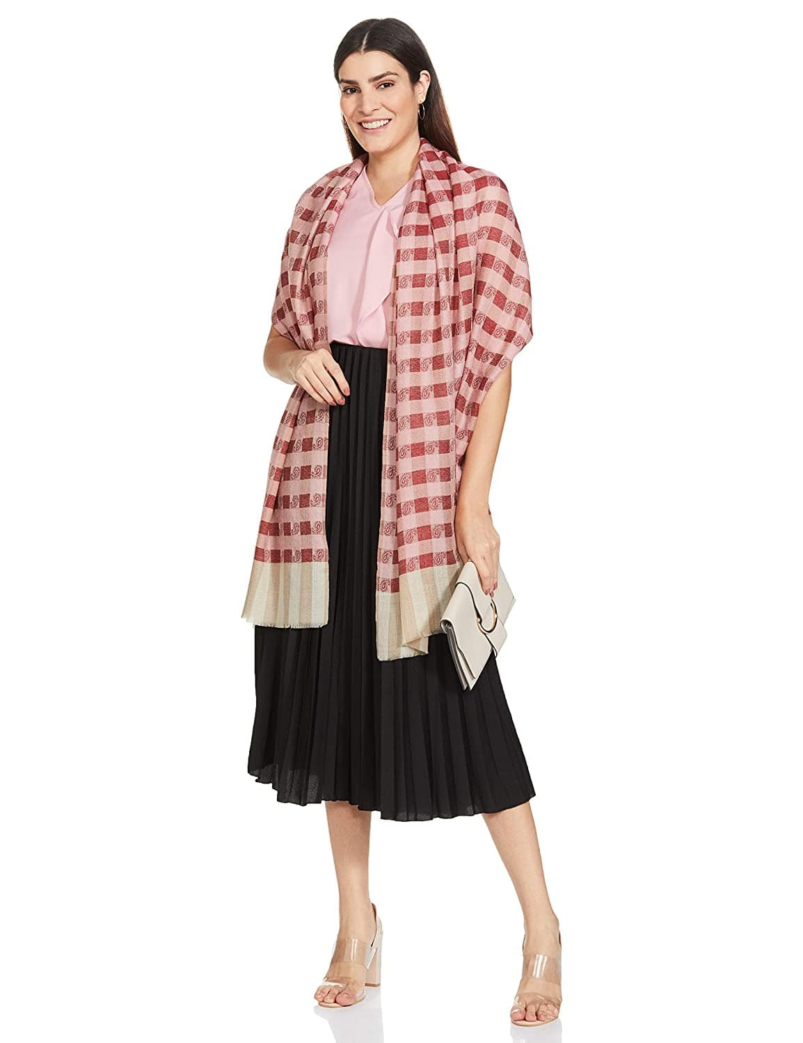 Pashtush Women’s Extra Fine Soft Wool Checkered Stole, Beige And Maroon - Image 5