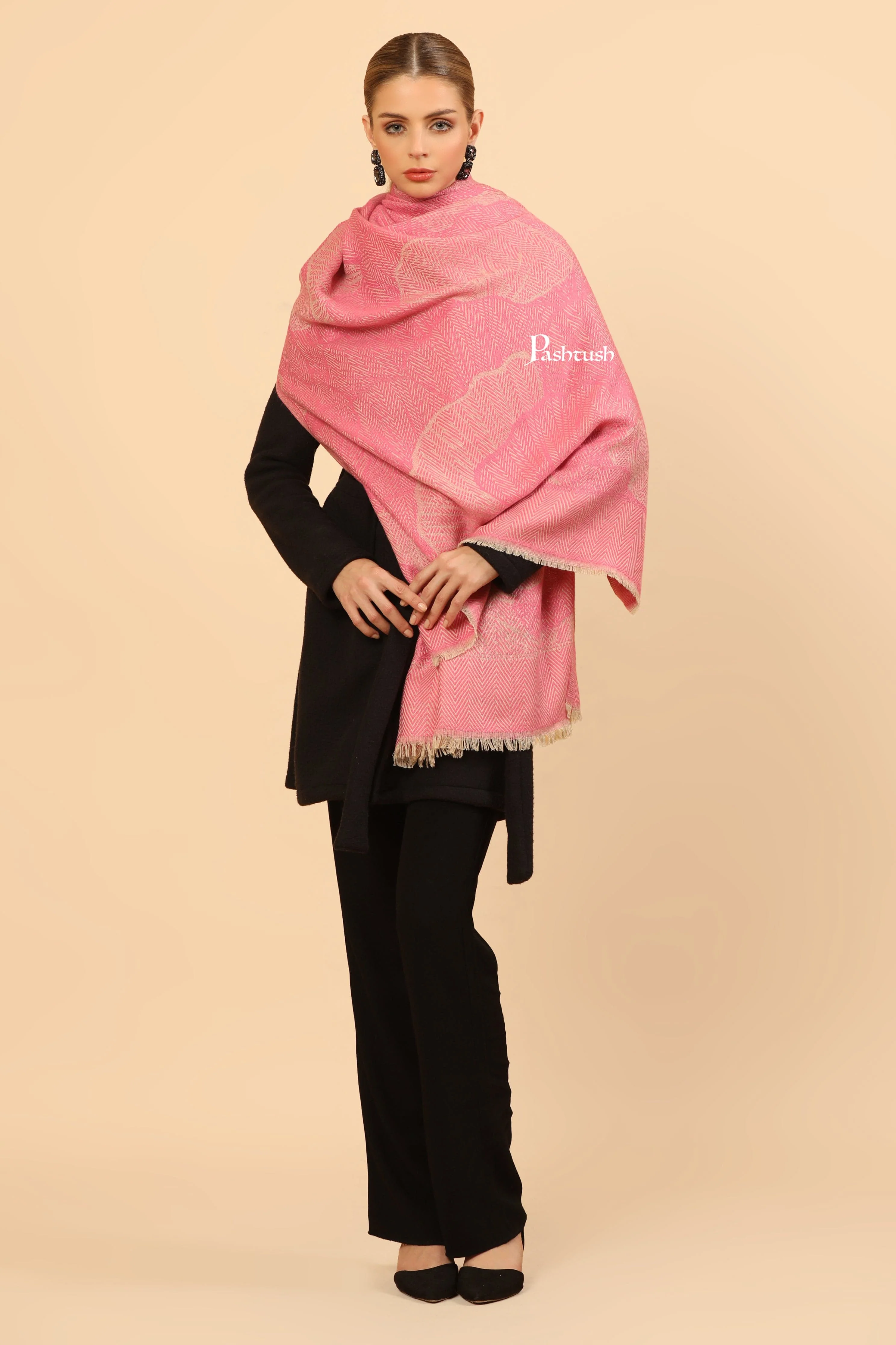 Pashtush Womens Muffler, Soft and Warm, Stole, Organic Weave Design, Pink - Image 7