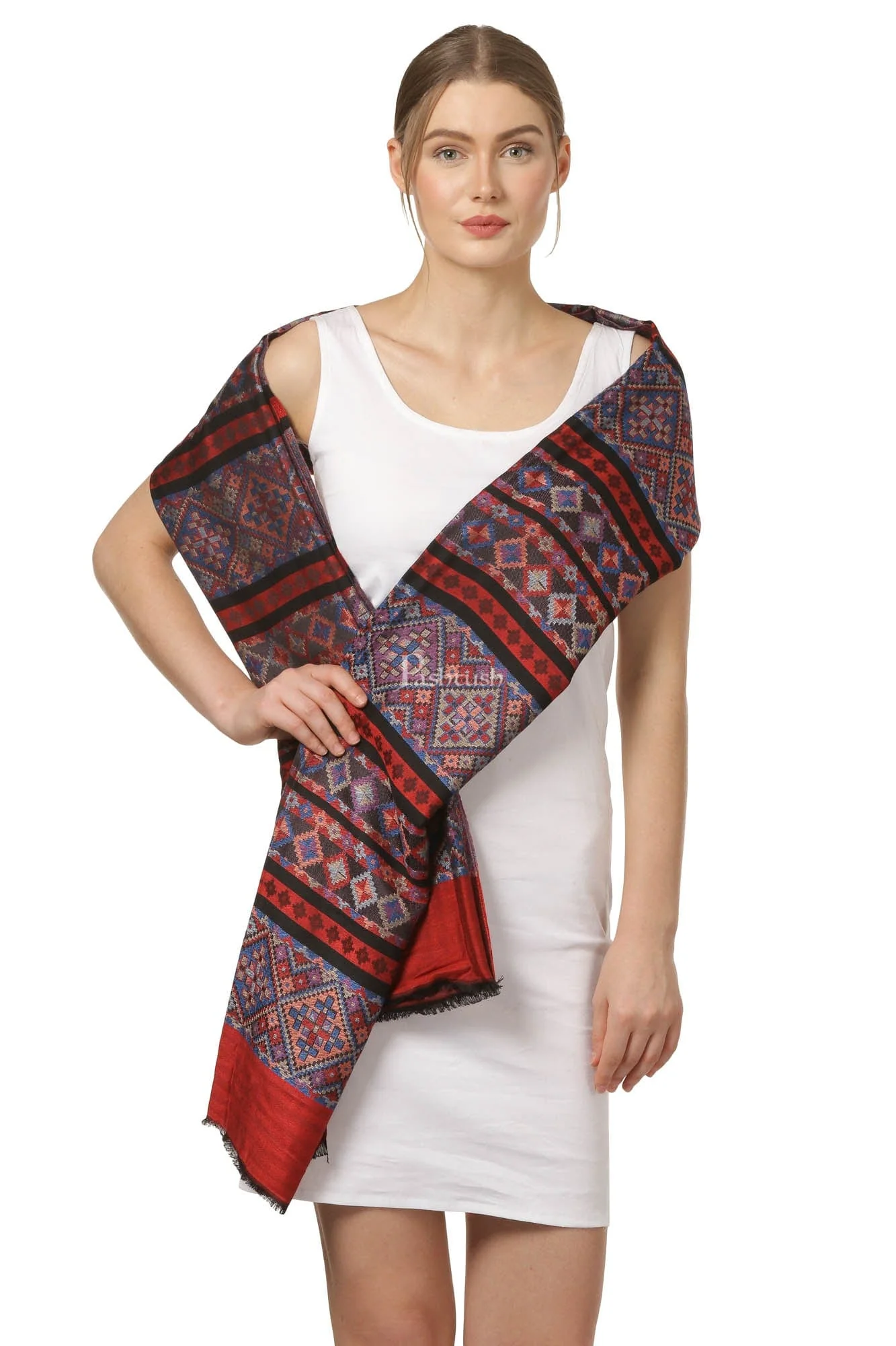 Pashtush Women'S Multicoloured Bamboo Scarf, Aztec Collection, Red - Image 4