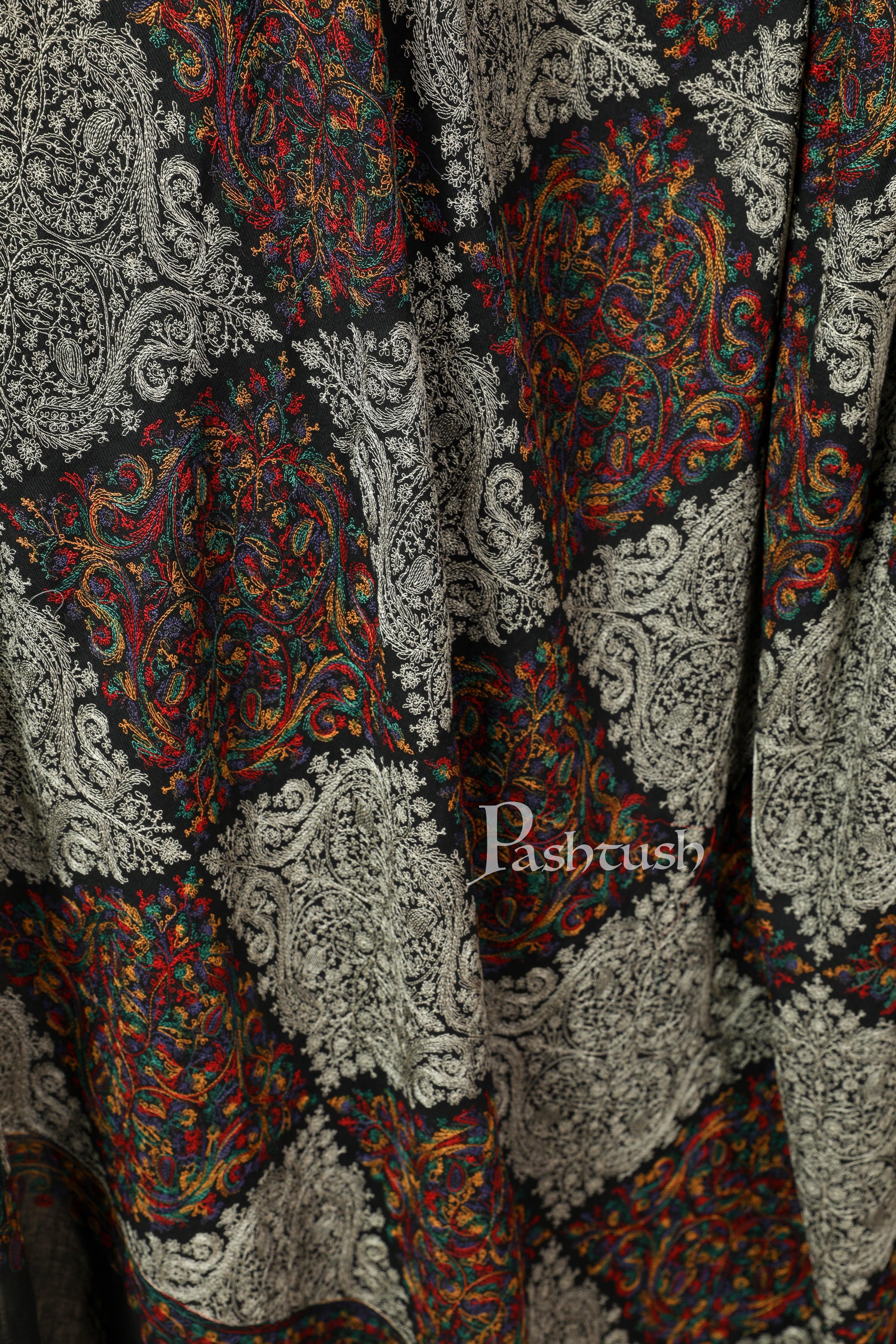 Pashtush Womens, Nalki Embroidery Needlework Shawl, Fine Wool, Black - Image 4