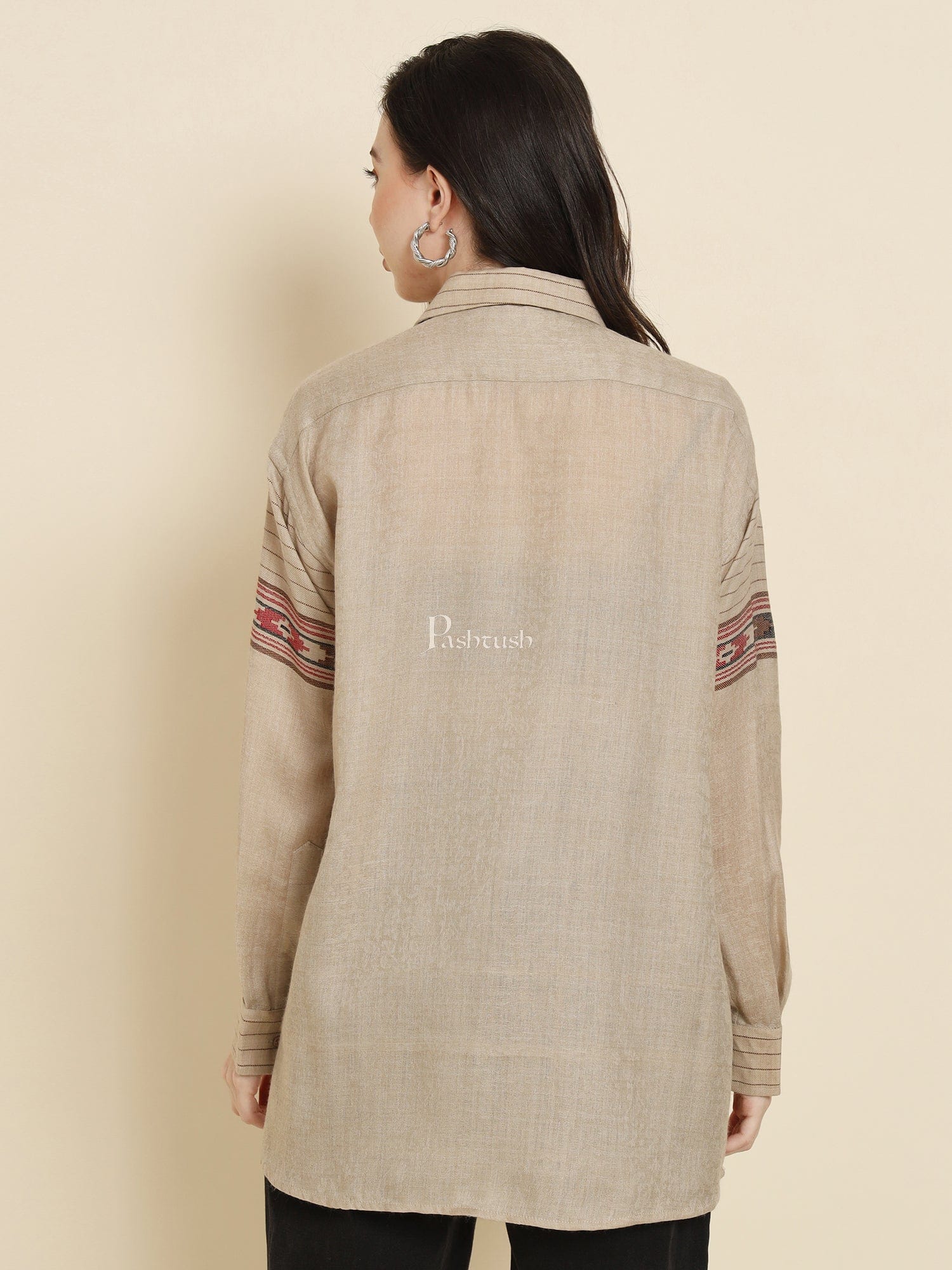 Pashtush Womens Oversized Casual Woollen Shirt, Beige - Image 3