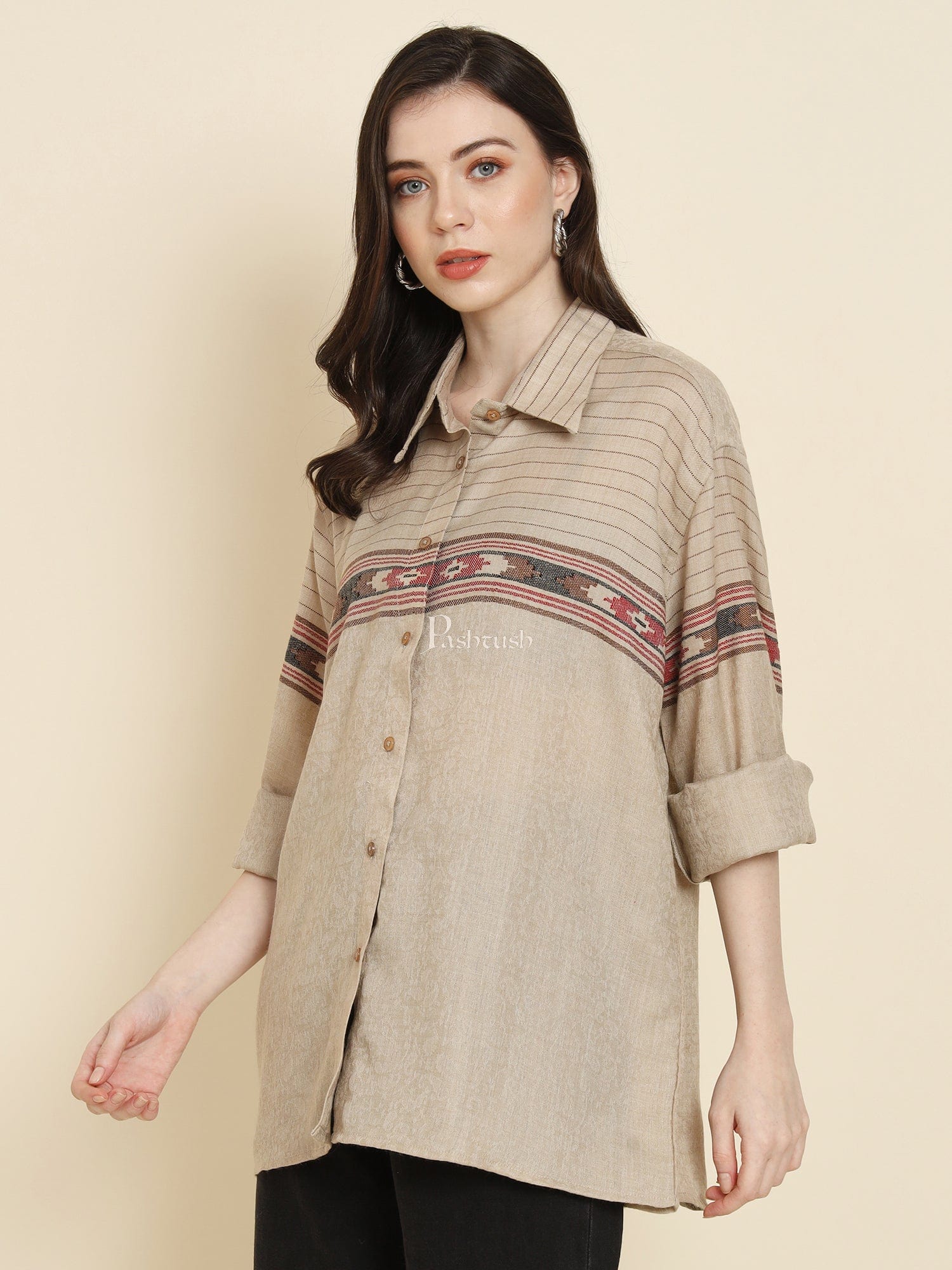 Pashtush Womens Oversized Casual Woollen Shirt, Beige - Image 5