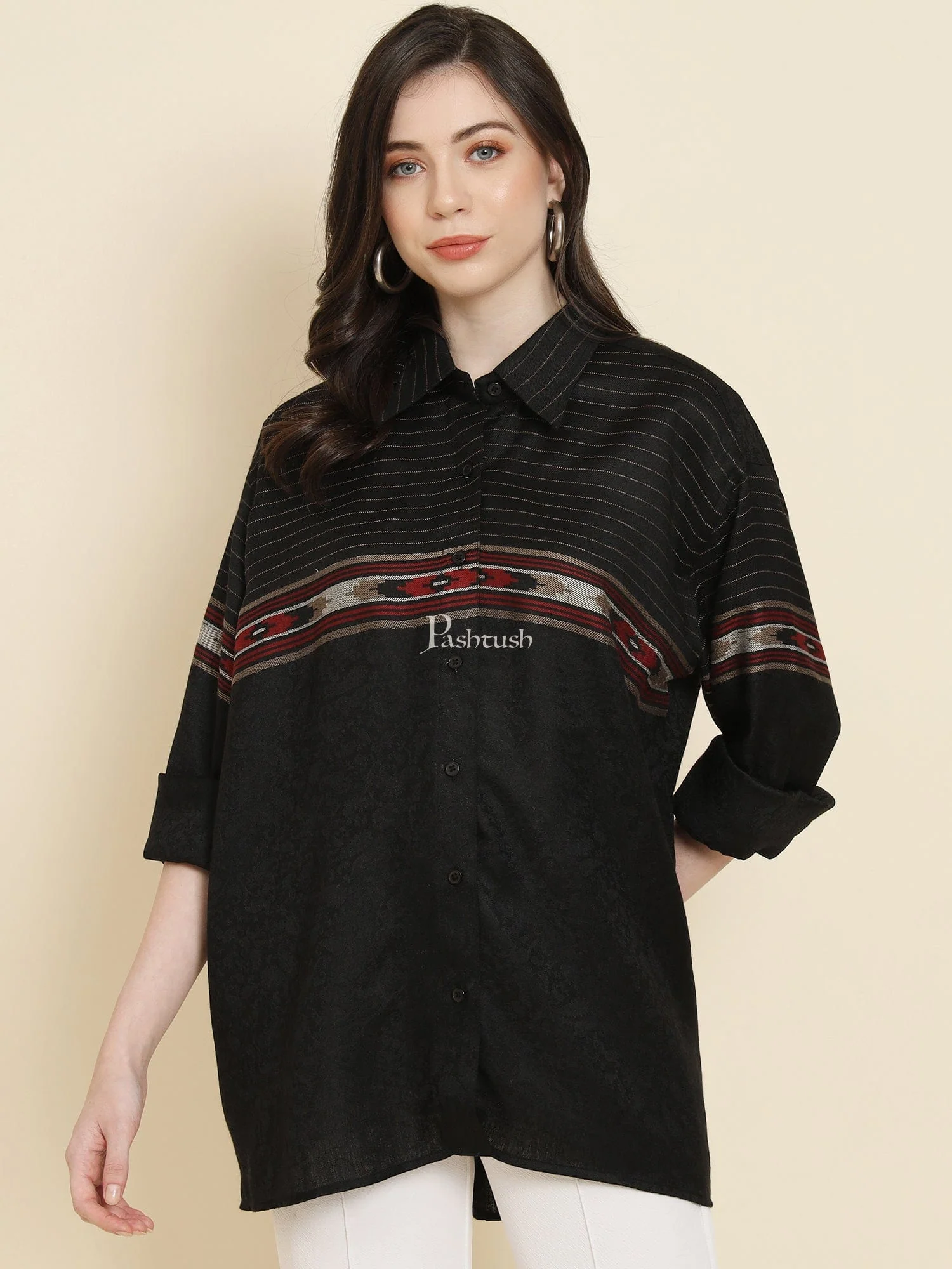 Pashtush Womens Oversized Casual Woollen Shirt, Black - Image 2