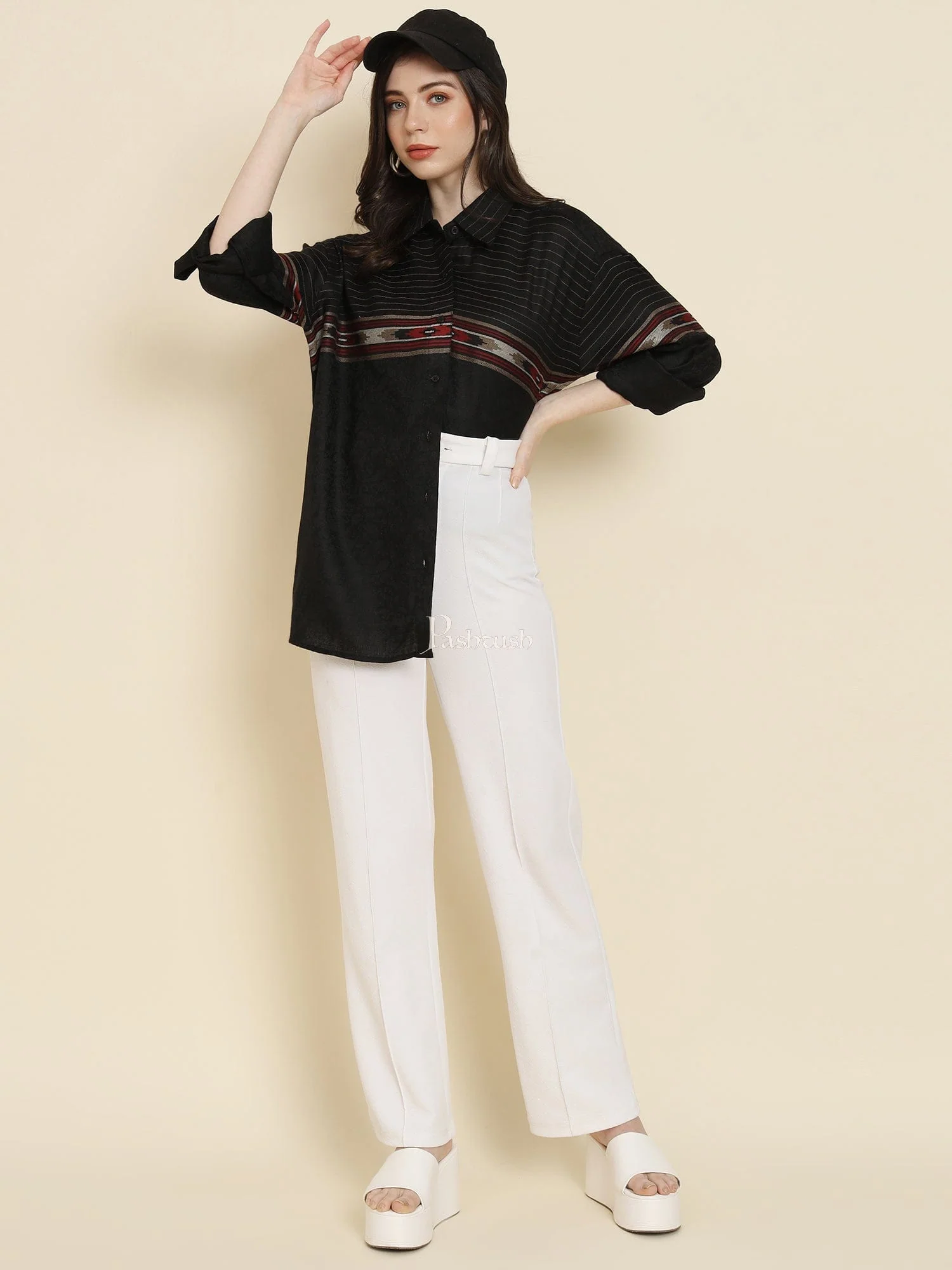Pashtush Womens Oversized Casual Woollen Shirt, Black - Image 3