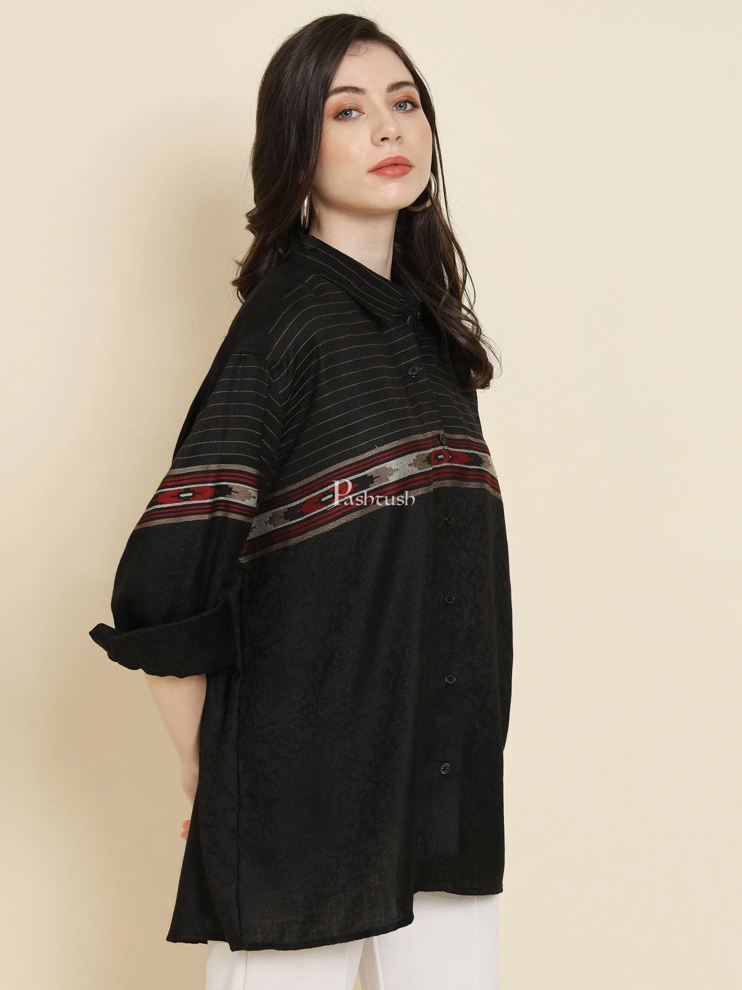Pashtush Womens Oversized Casual Woollen Shirt, Black - Image 4