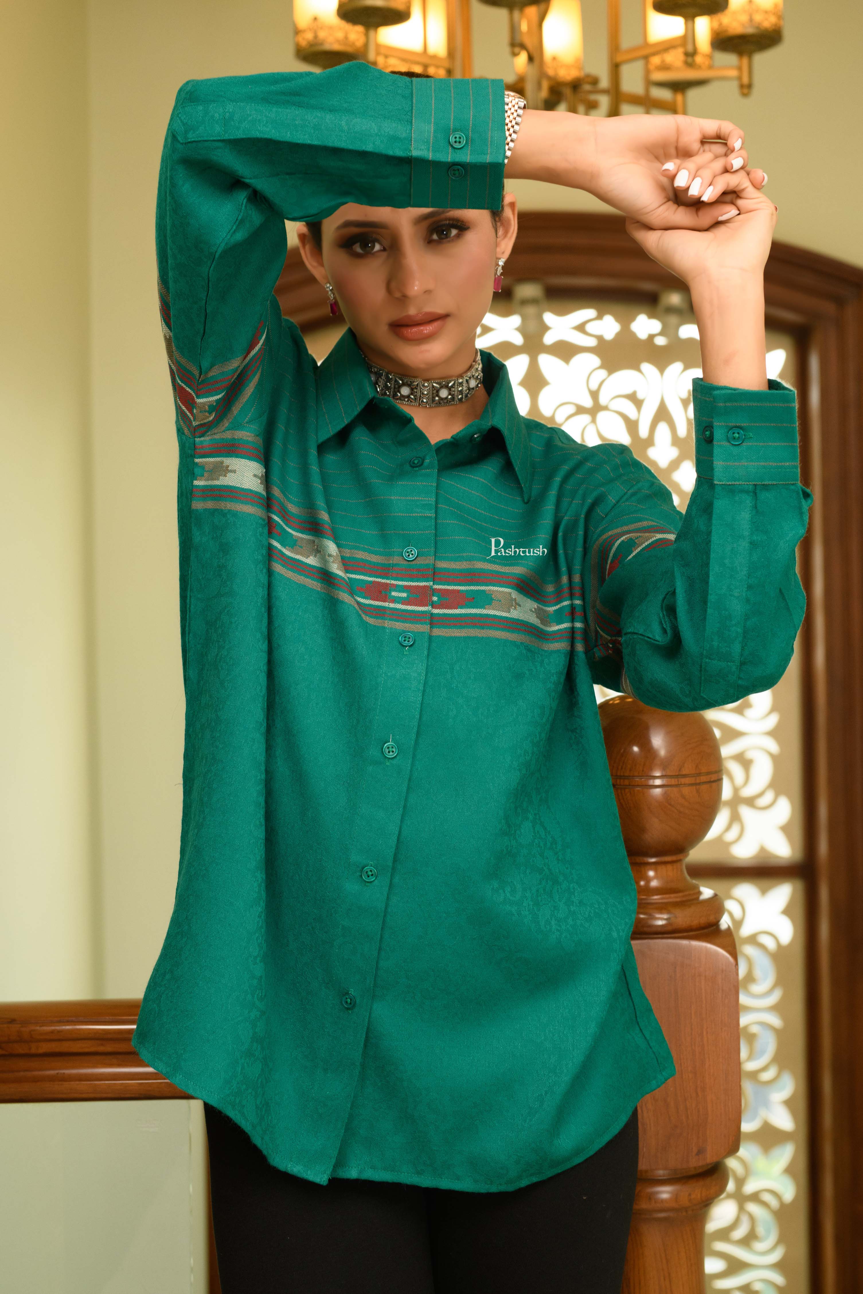 Pashtush Womens Oversized Casual Woollen Shirt, Bottle Green - Image 2