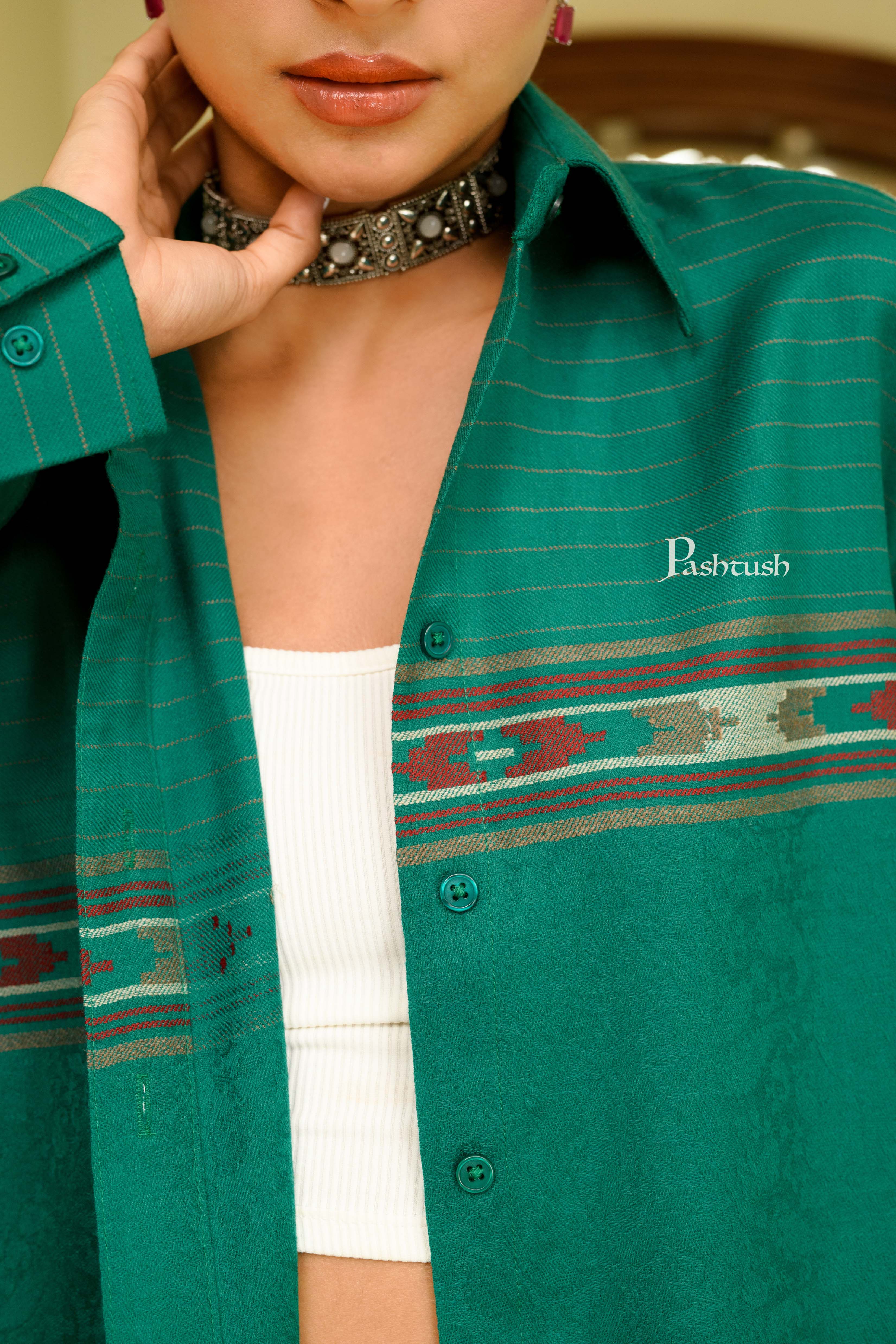 Pashtush Womens Oversized Casual Woollen Shirt, Bottle Green - Image 5