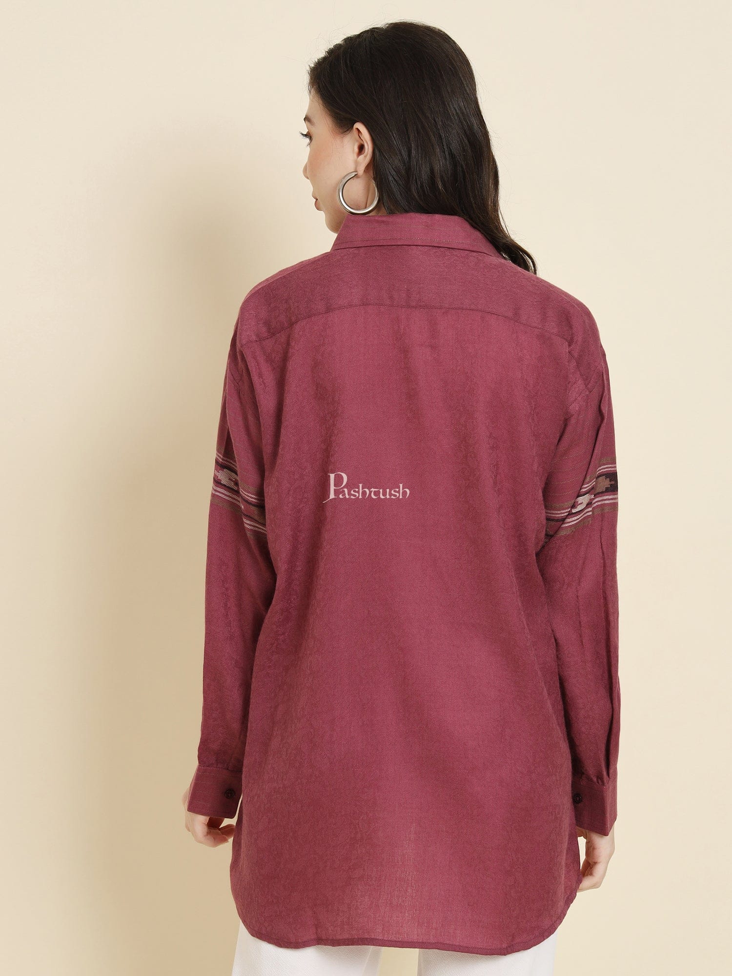 Pashtush Womens Oversized Casual Woollen Shirt, Burgundy - Image 2