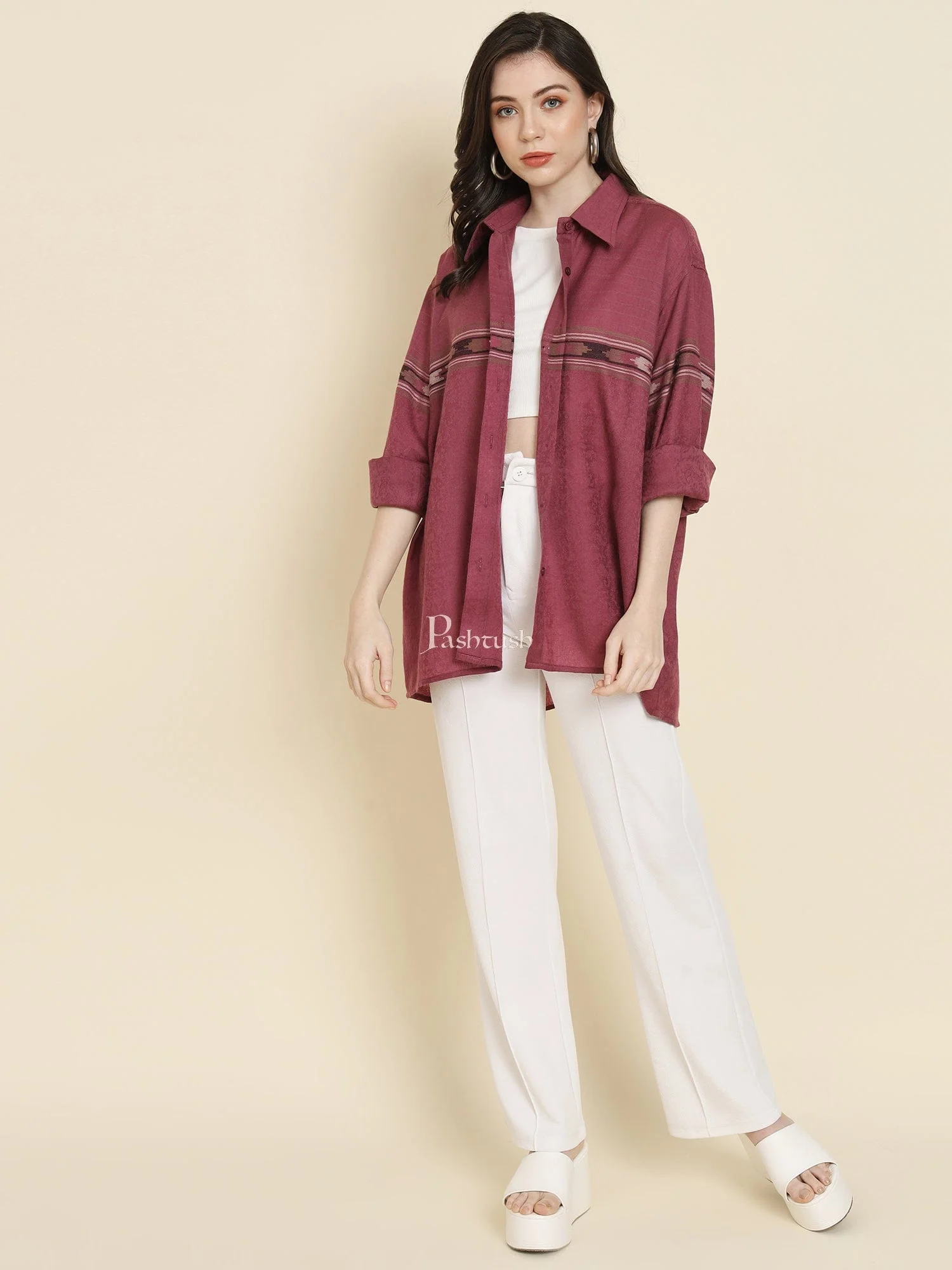 Pashtush Womens Oversized Casual Woollen Shirt, Burgundy - Image 3