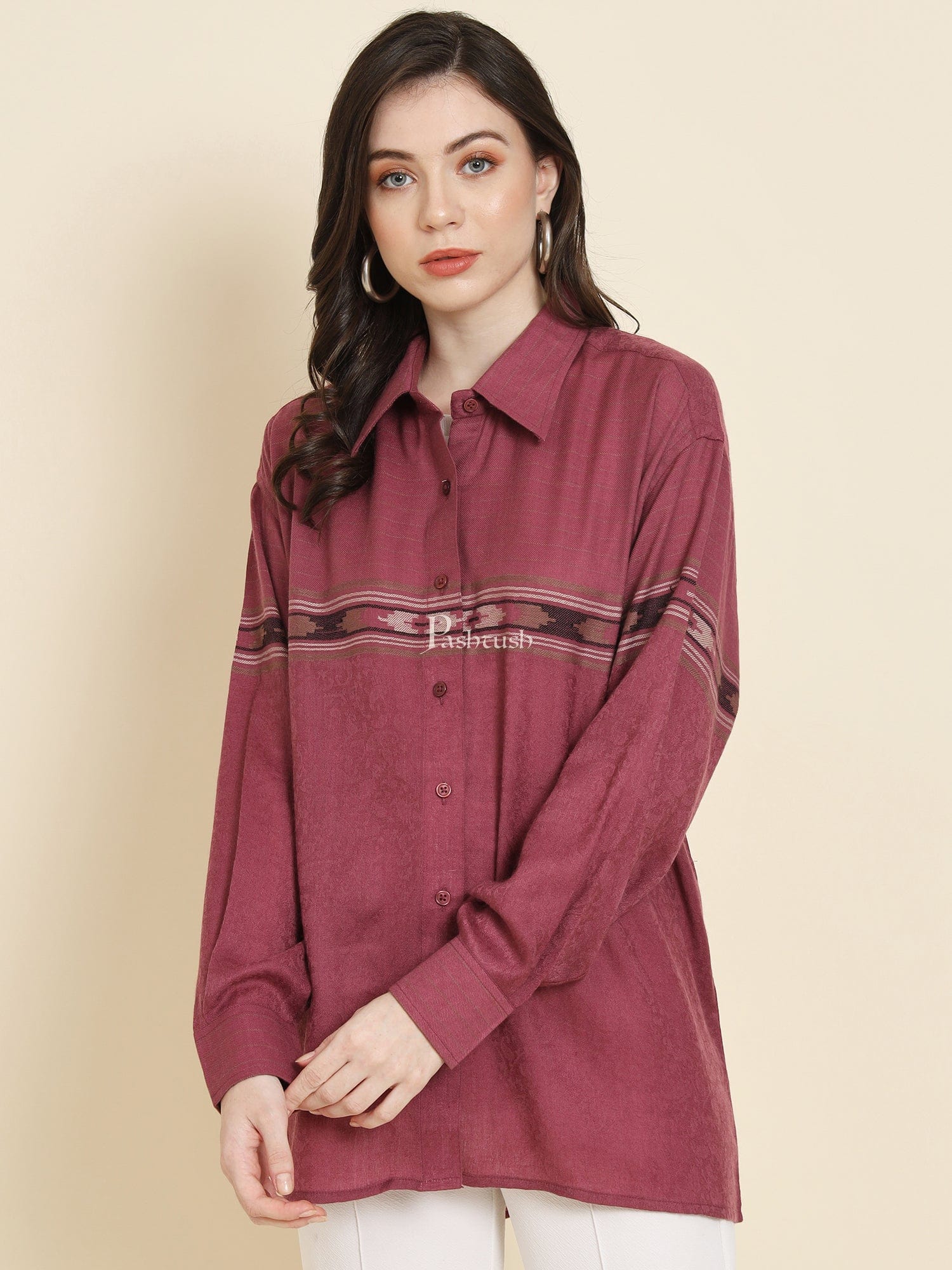 Pashtush Womens Oversized Casual Woollen Shirt, Burgundy - Image 4