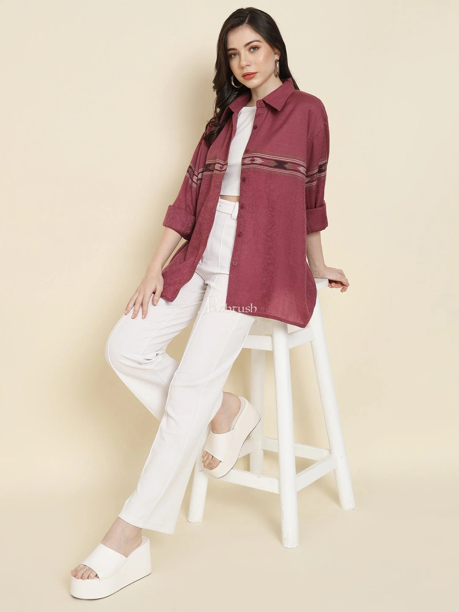 Pashtush Womens Oversized Casual Woollen Shirt, Burgundy - Image 5
