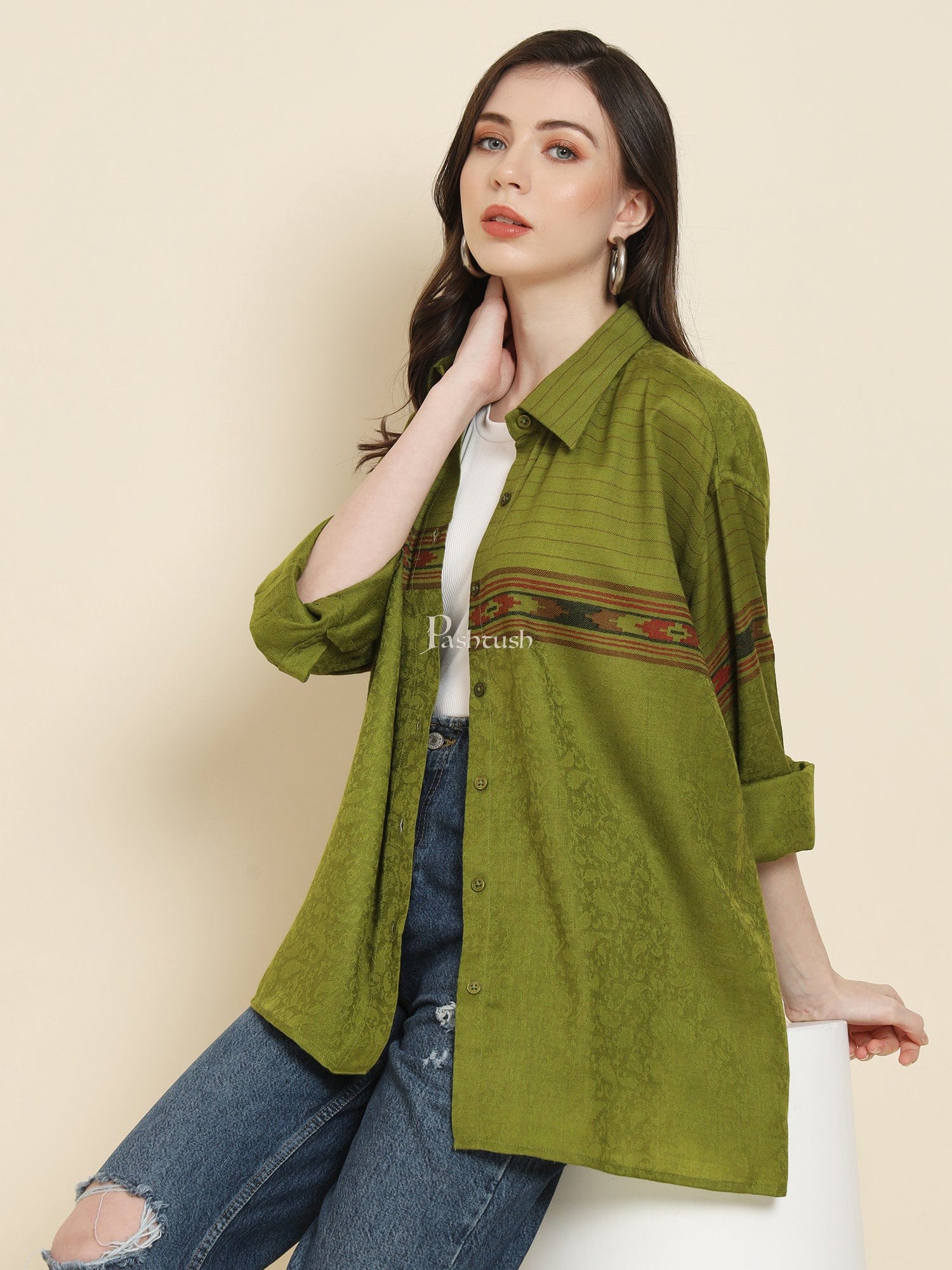 Pashtush Womens Oversized Casual Woollen Shirt, Emerald Green - Image 5